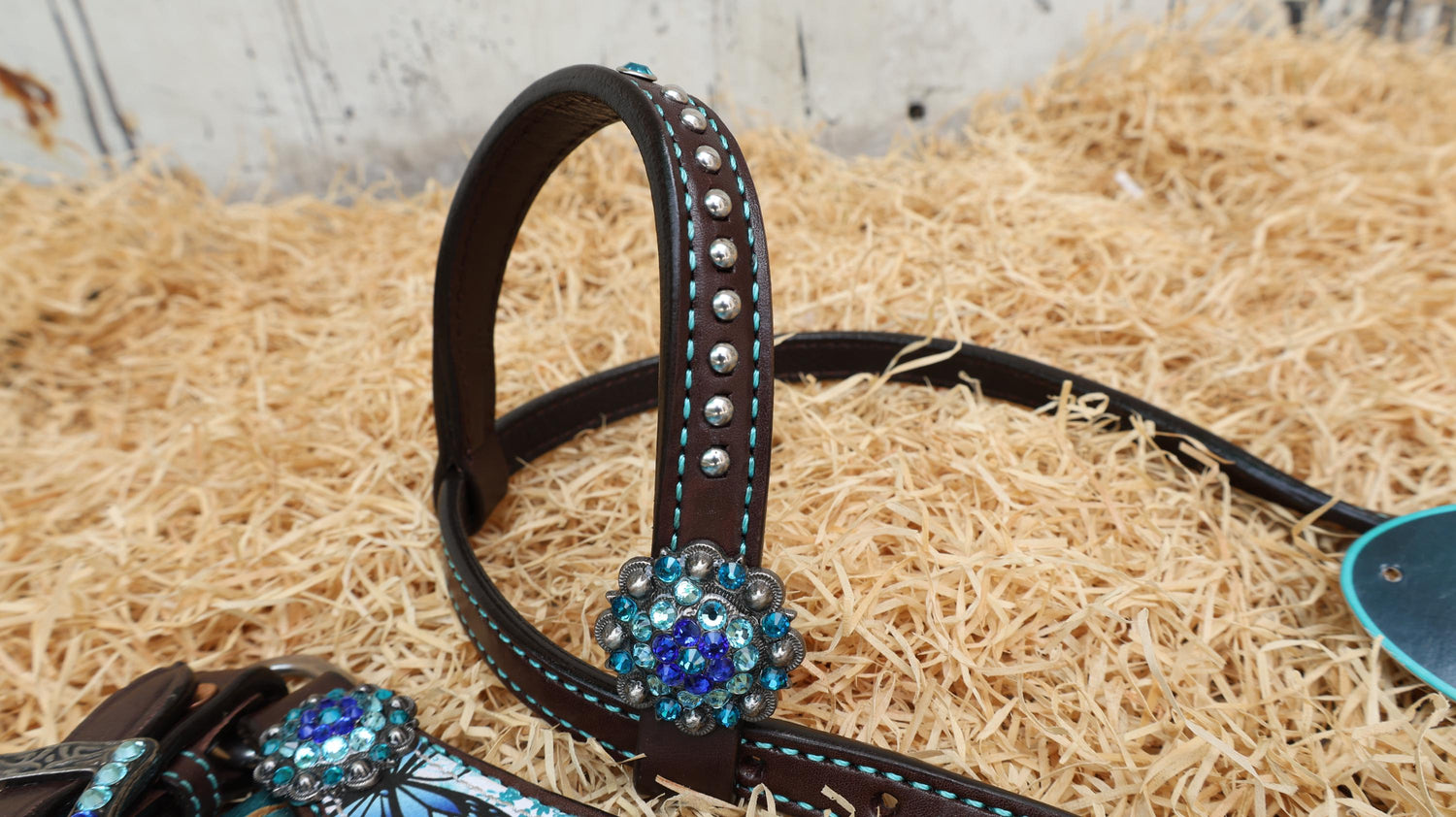 MOSUM Western Leather Horse Tack Set - Headstall & Breast Collar Decorated with Turquoise & Royal Blue Butterfly Print, Turquoise Metallic Fringe