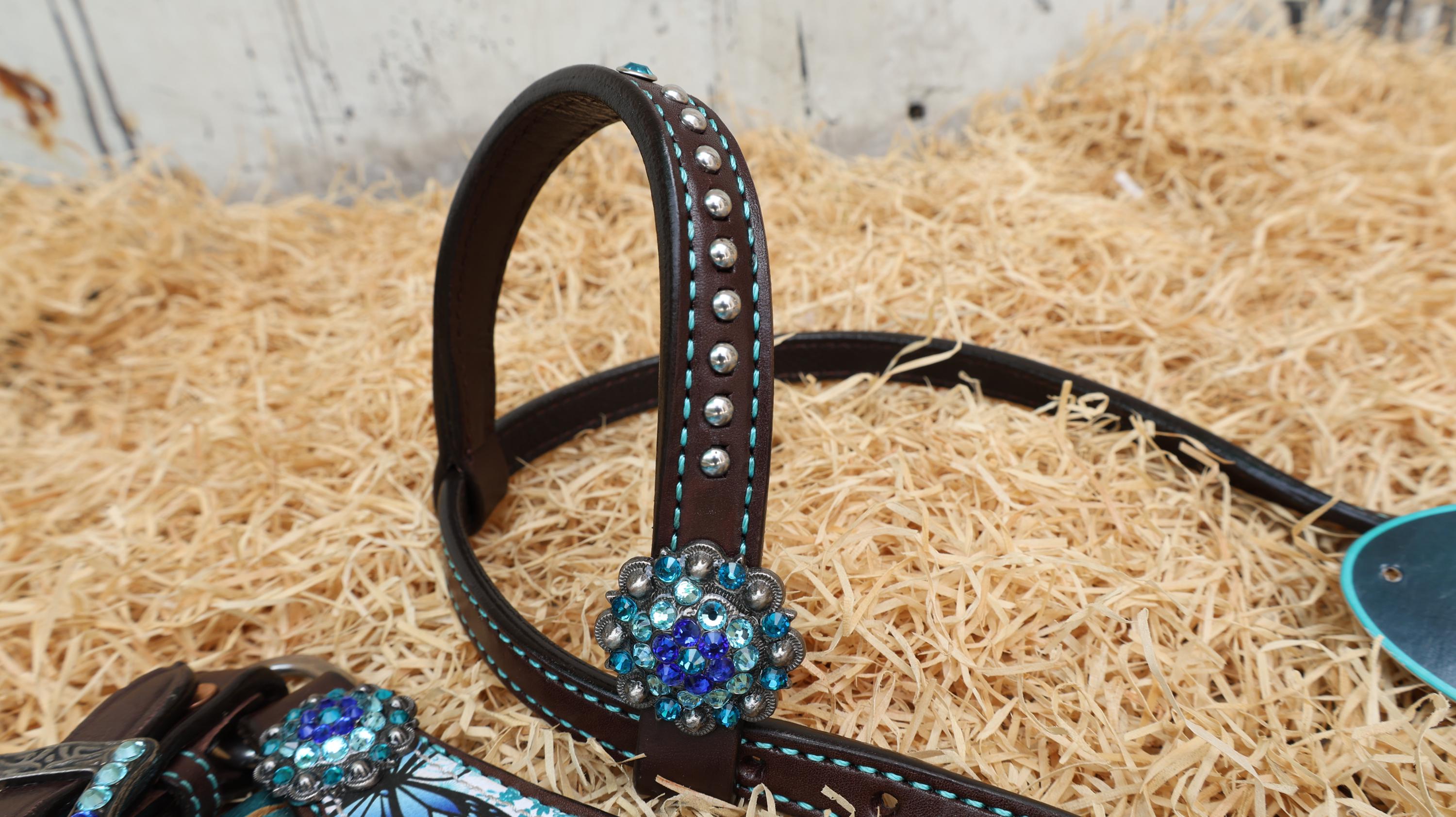 MOSUM Western Leather Horse Tack Set - Headstall & Breast Collar Decorated with Turquoise & Royal Blue Butterfly Print, Turquoise Metallic Fringe