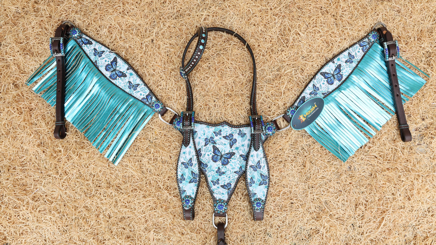 MOSUM Western Leather Horse Tack Set - Headstall & Breast Collar Decorated with Turquoise & Royal Blue Butterfly Print, Turquoise Metallic Fringe
