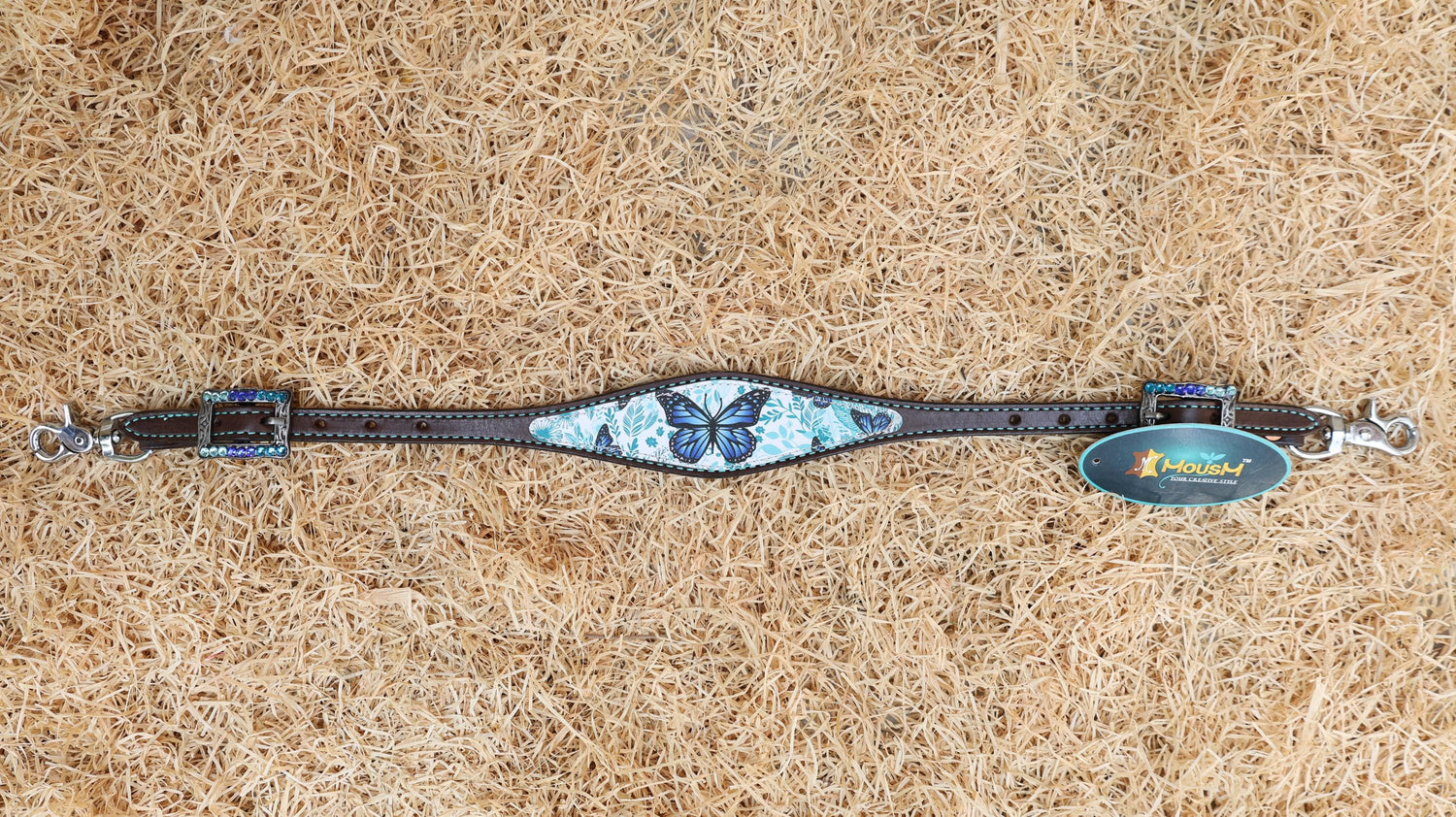 MOSUM Western Leather Horse Tack Set - Headstall & Breast Collar Decorated with Turquoise & Royal Blue Butterfly Print, Turquoise Metallic Fringe
