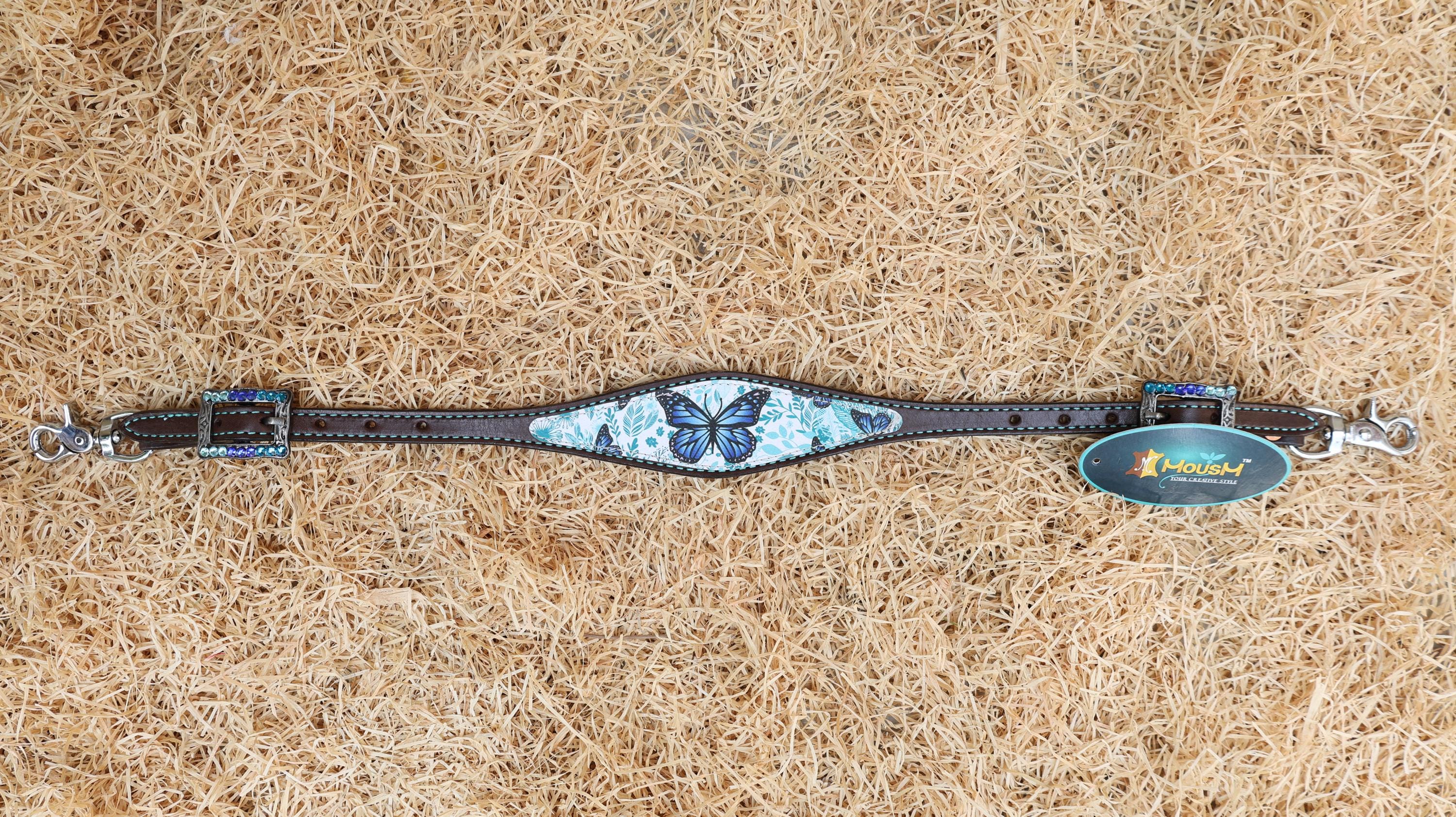 MOSUM Western Leather Horse Tack Set - Headstall & Breast Collar Decorated with Turquoise & Royal Blue Butterfly Print, Turquoise Metallic Fringe
