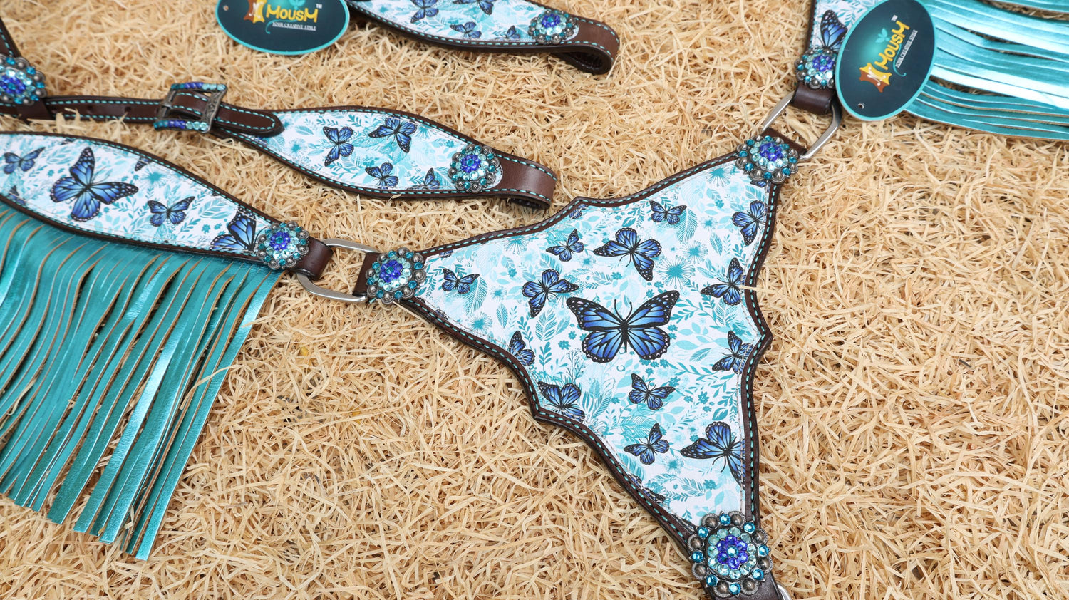 MOSUM Western Leather Horse Tack Set - Headstall & Breast Collar Decorated with Turquoise & Royal Blue Butterfly Print, Turquoise Metallic Fringe