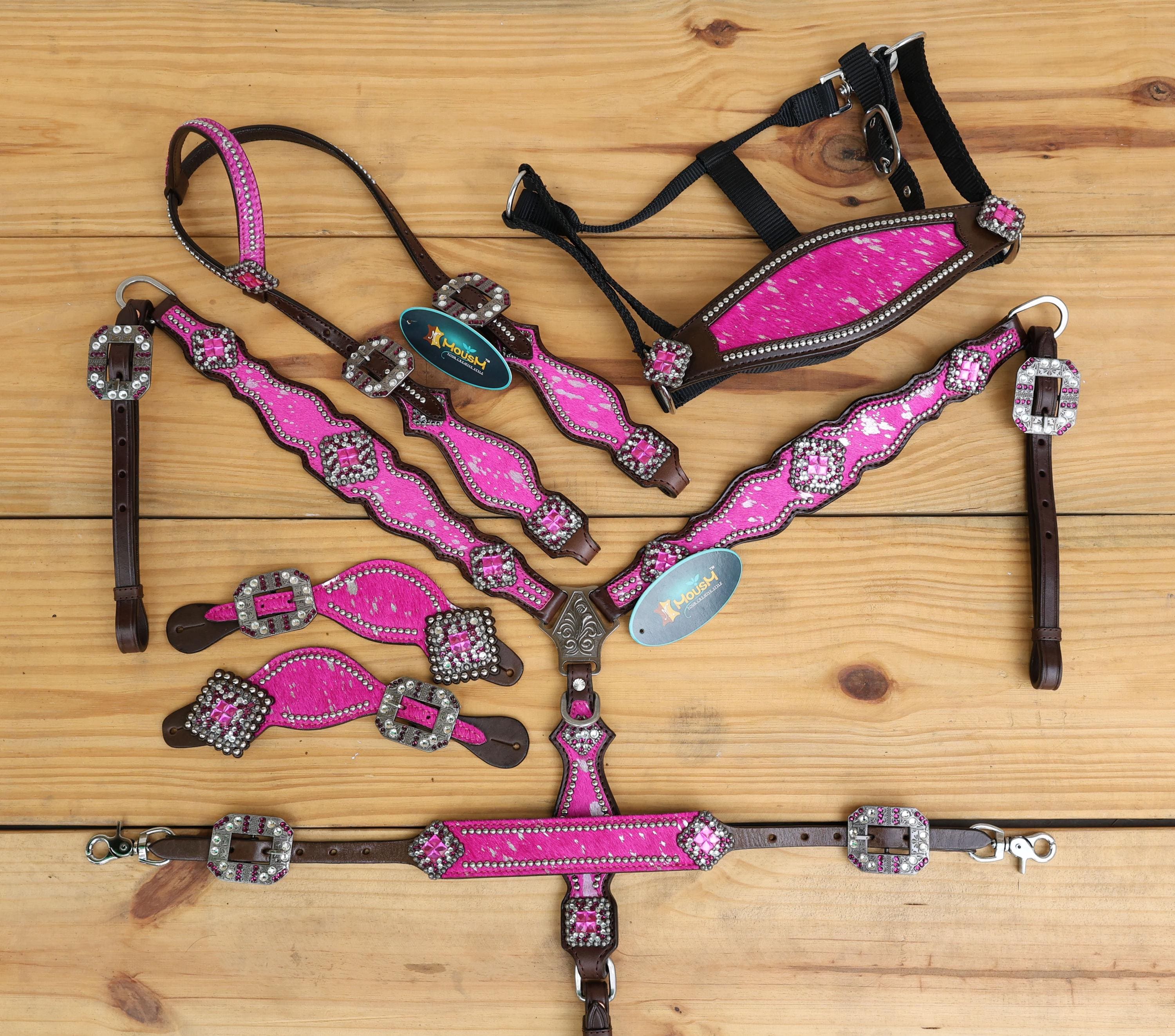 MOUSM Western Horse Tack Set - Made from Argentina Cow Leather Pink-Silver Metallic Acid Wash Cowhide Look with Rhinestones Conchos, Antique Nickel Hardware