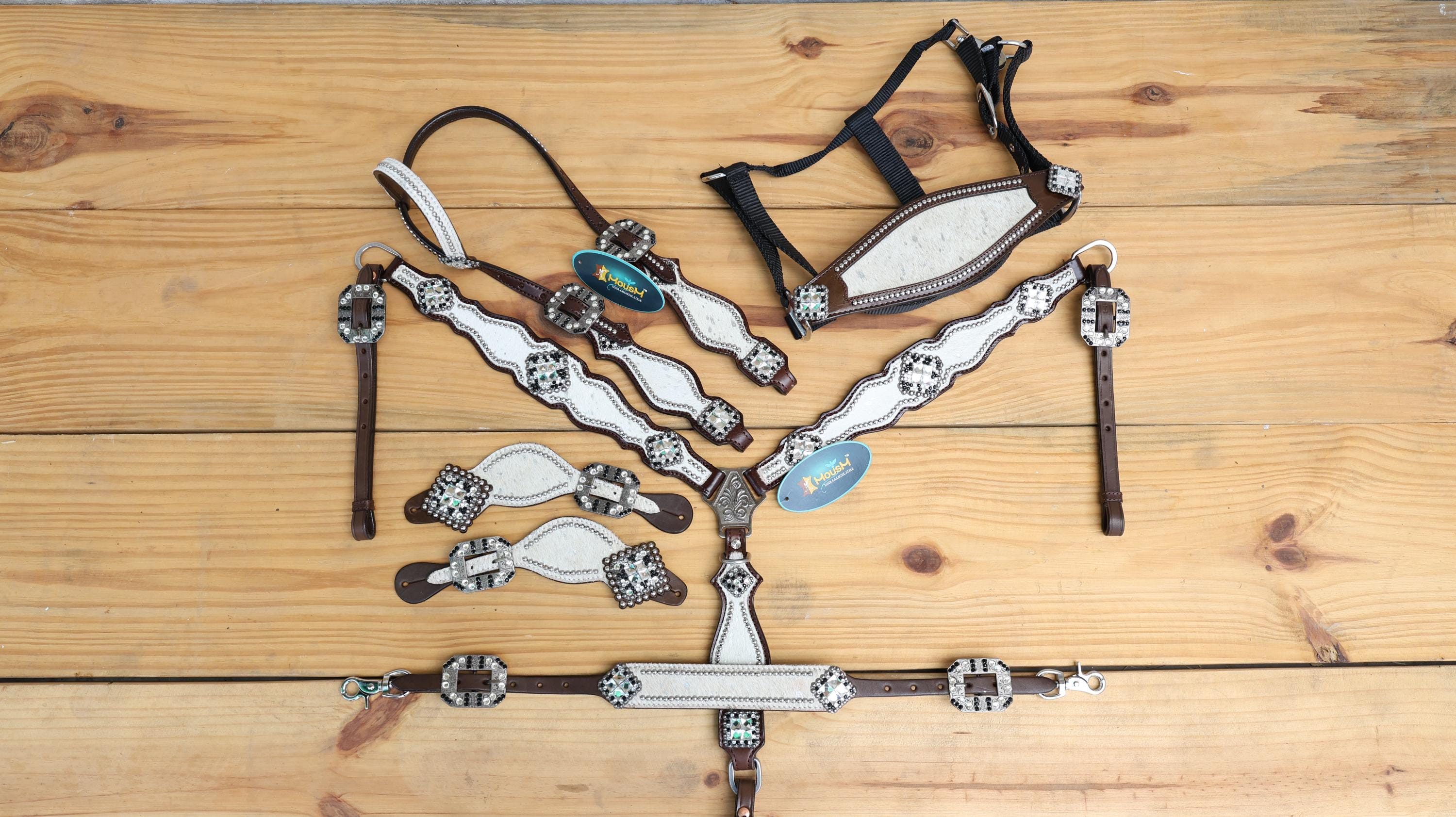 MOUSM Western Tack Set for Horse – Genuine Argentina Cowhide, White Silver Metallic Acid Wash Hair on, Antique Nickel Hardware