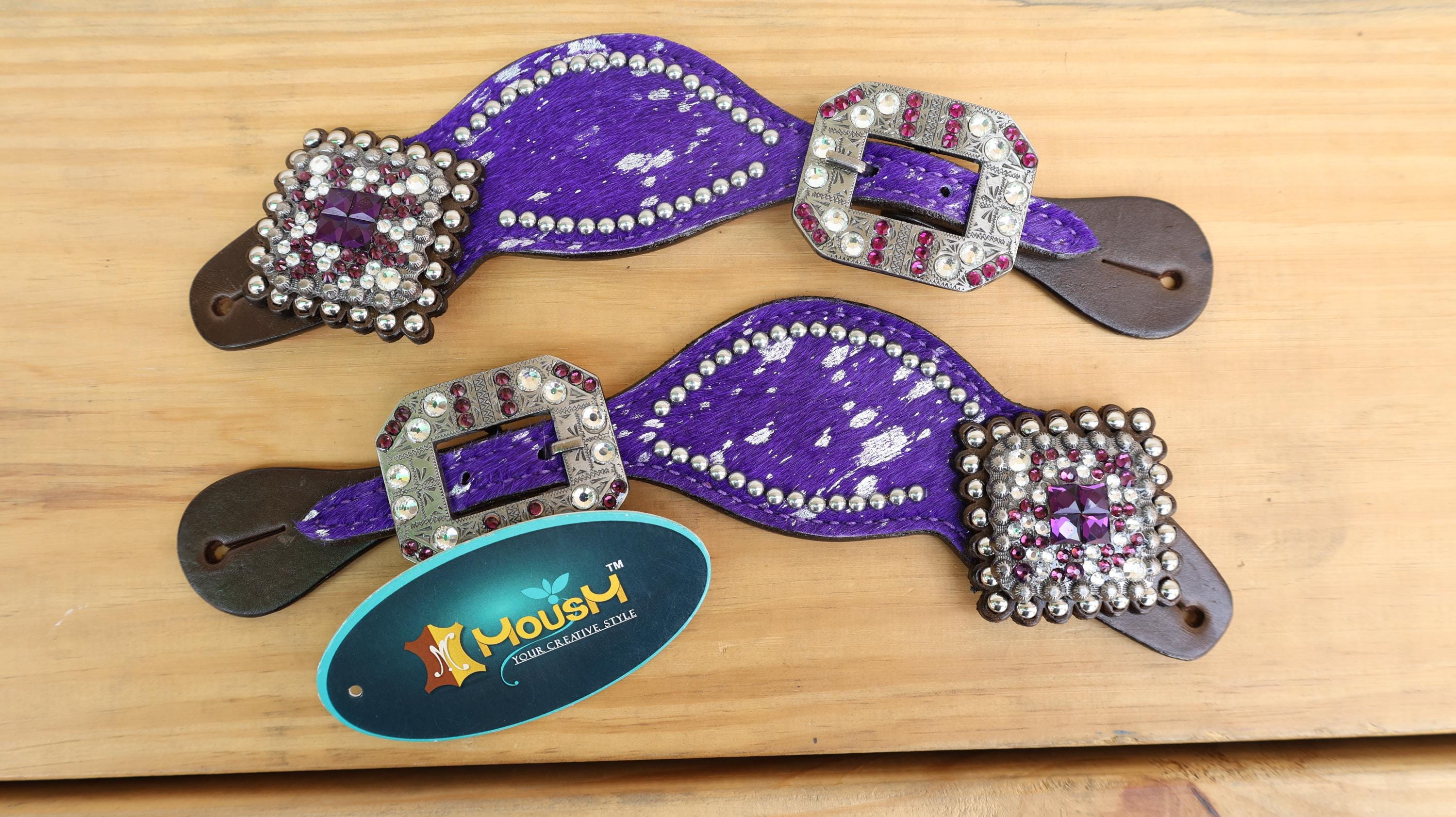 MOUSM Western Spur Straps – Argentina Cow Leather Ladies Spur Straps Decorated with Purple Metallic Acid Wash Cowhide, Rhinestone Conchos & Antique Nickel Hardware