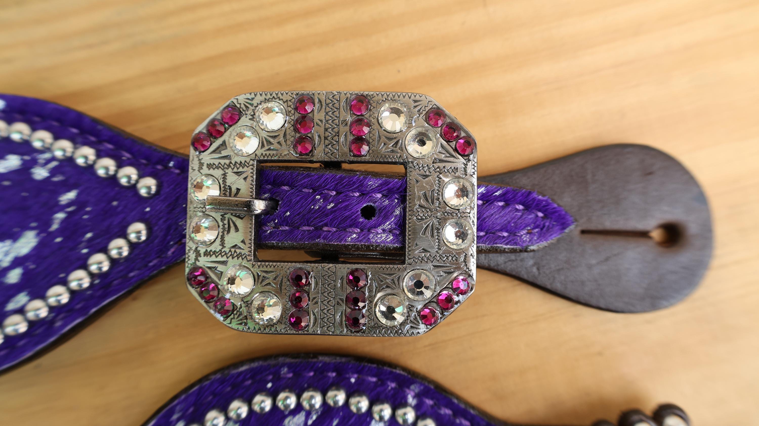 MOUSM Western Spur Straps – Argentina Cow Leather Ladies Spur Straps Decorated with Purple Metallic Acid Wash Cowhide, Rhinestone Conchos & Antique Nickel Hardware