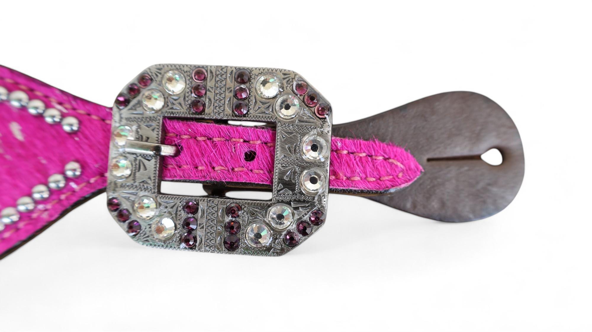 MOUSM Western Spur Straps – Argentina Cow Leather Ladies Spur Straps Decorated with Pink Metallic Acid Wash Cowhide, Rhinestone Conchos & Antique Nickel Hardware