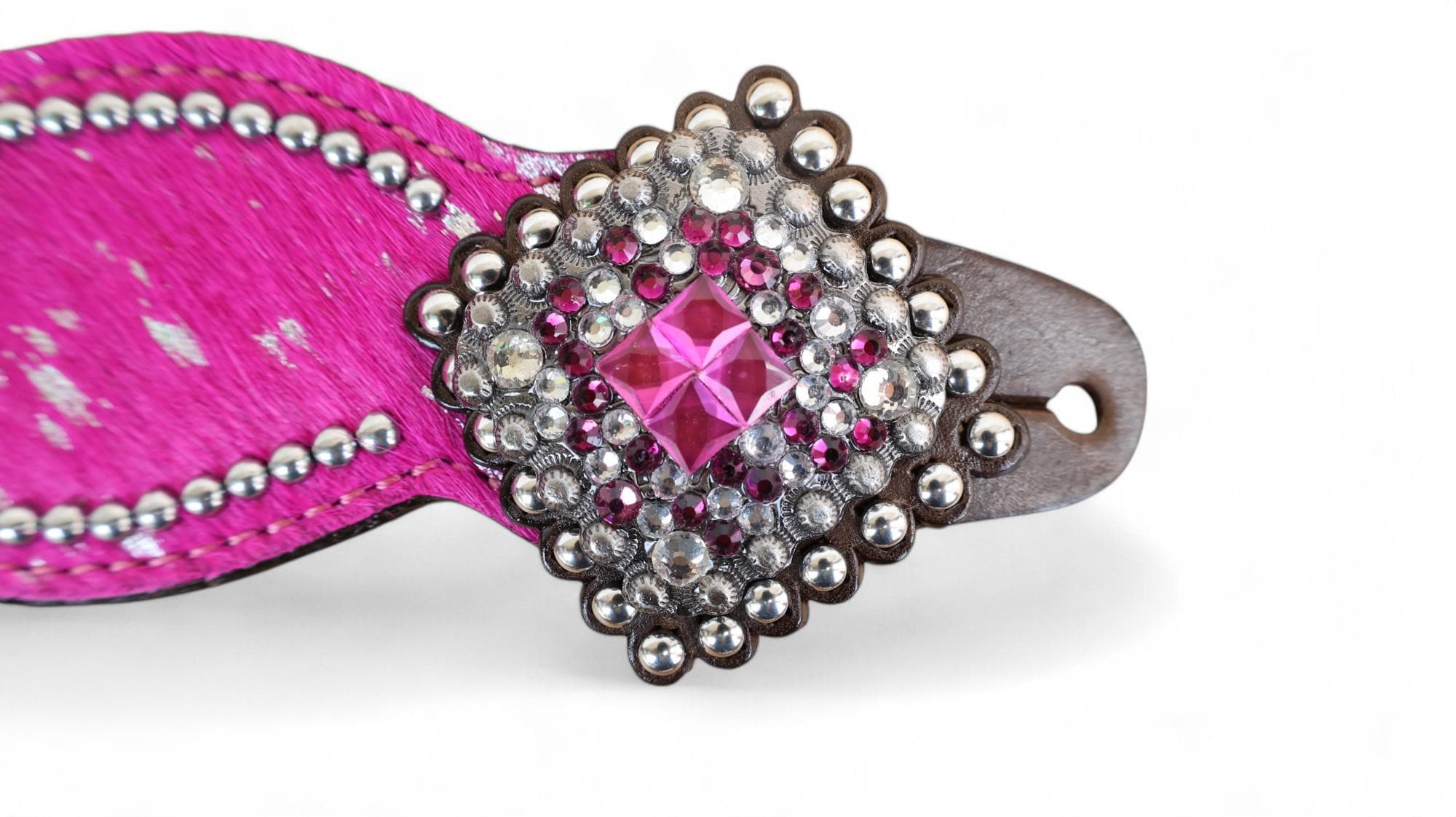 MOUSM Western Spur Straps – Argentina Cow Leather Ladies Spur Straps Decorated with Pink Metallic Acid Wash Cowhide, Rhinestone Conchos & Antique Nickel Hardware