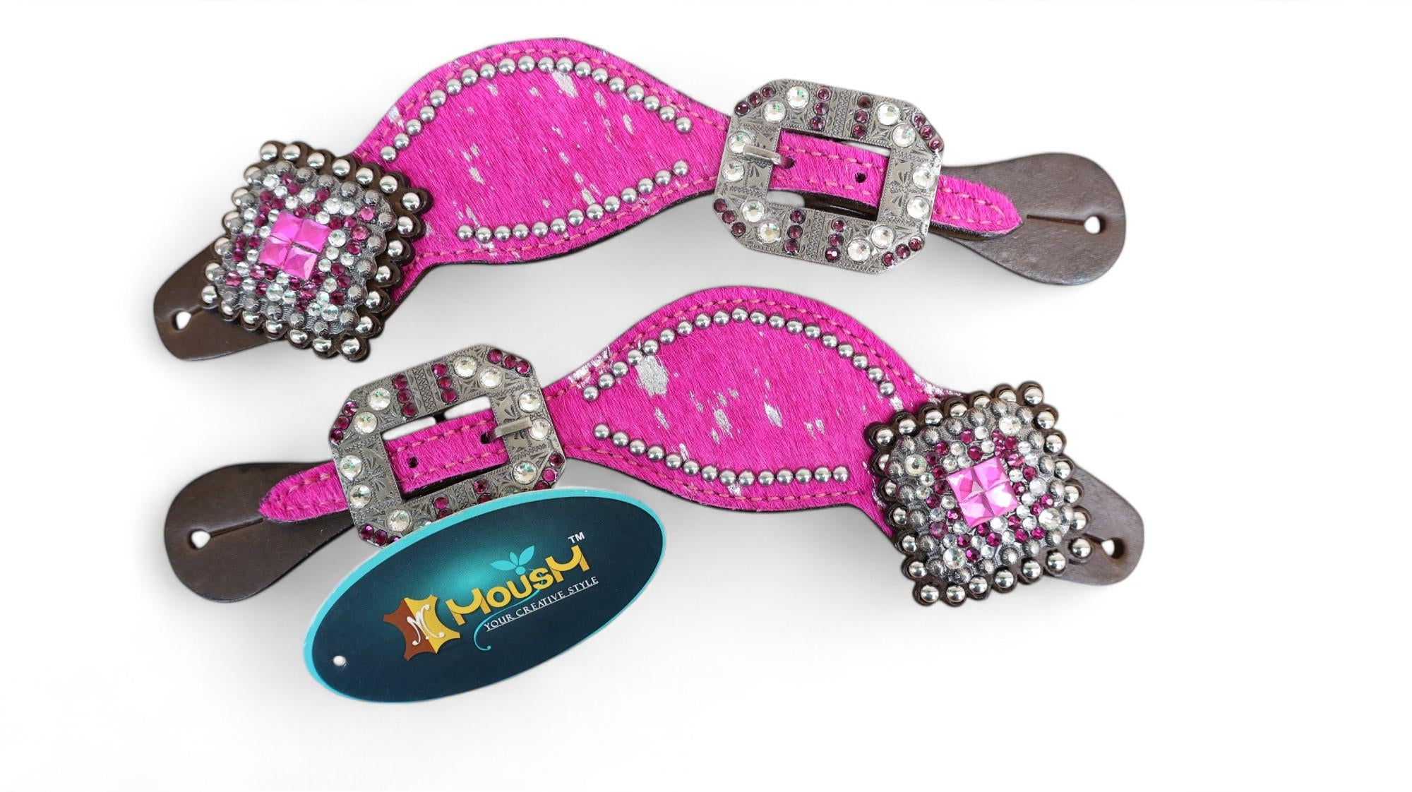 MOUSM Western Spur Straps – Argentina Cow Leather Ladies Spur Straps Decorated with Pink Metallic Acid Wash Cowhide, Rhinestone Conchos & Antique Nickel Hardware