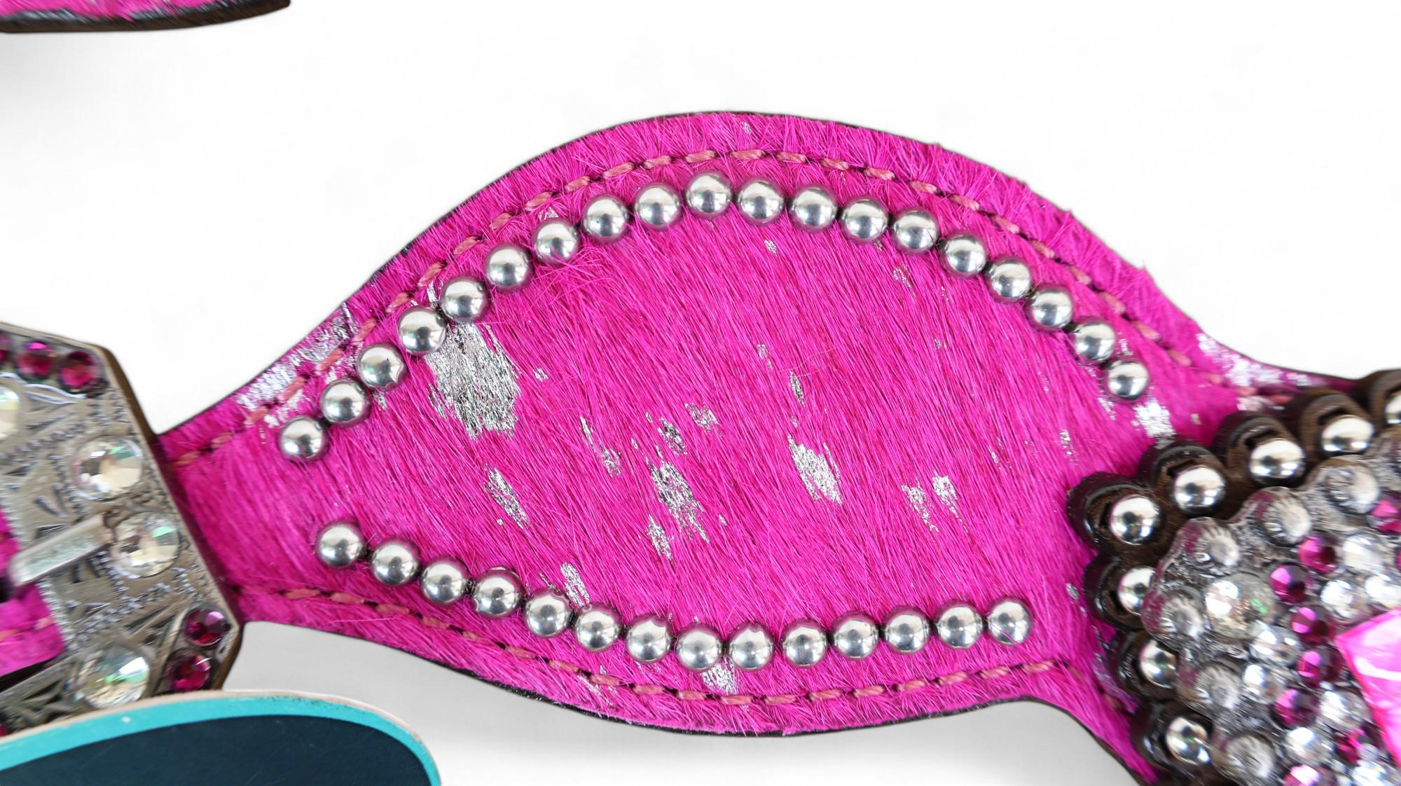 MOUSM Western Spur Straps – Argentina Cow Leather Ladies Spur Straps Decorated with Pink Metallic Acid Wash Cowhide, Rhinestone Conchos & Antique Nickel Hardware