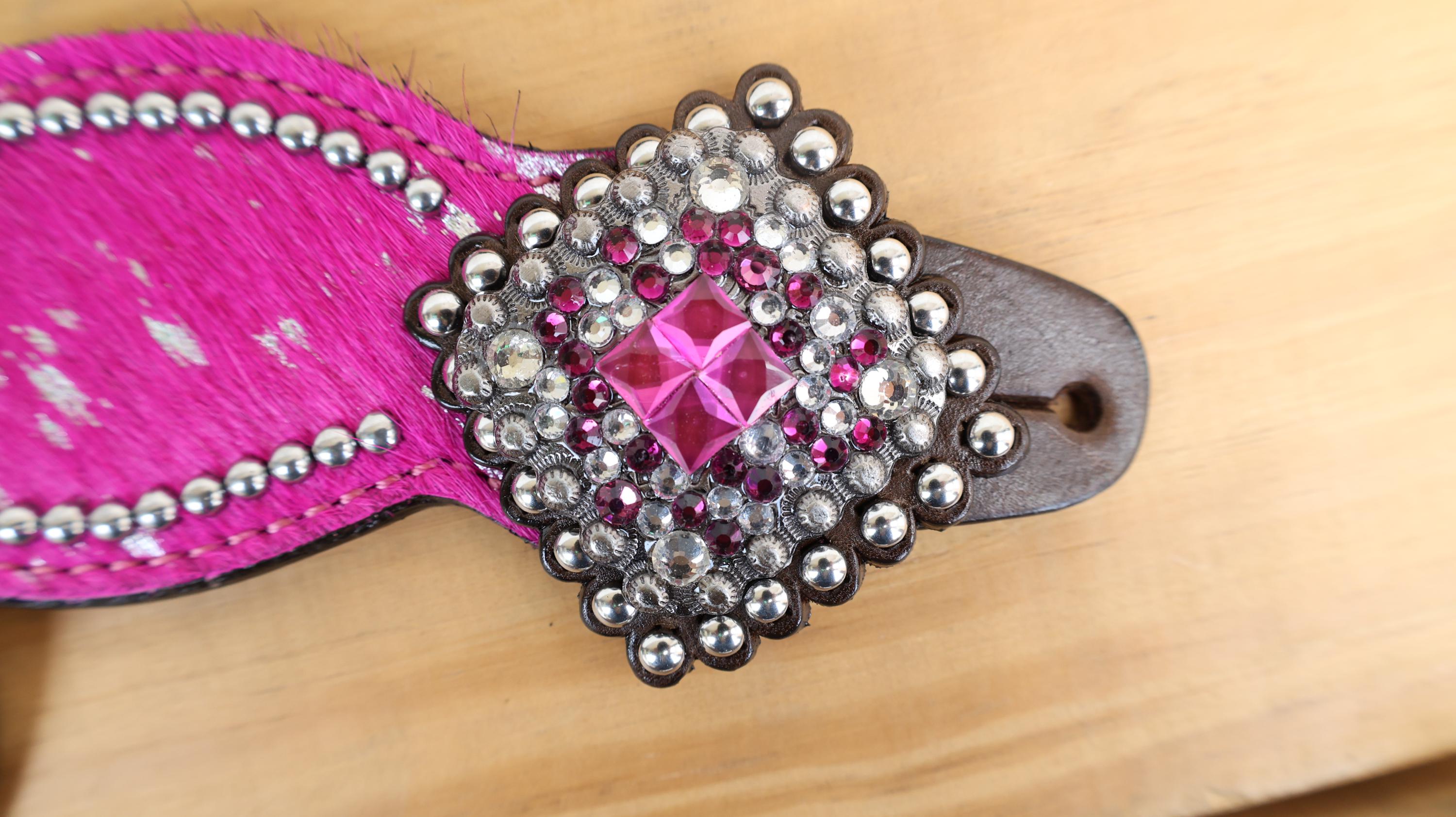 MOUSM Western Spur Straps – Argentina Cow Leather Ladies Spur Straps Decorated with Pink Metallic Acid Wash Cowhide, Rhinestone Conchos & Antique Nickel Hardware