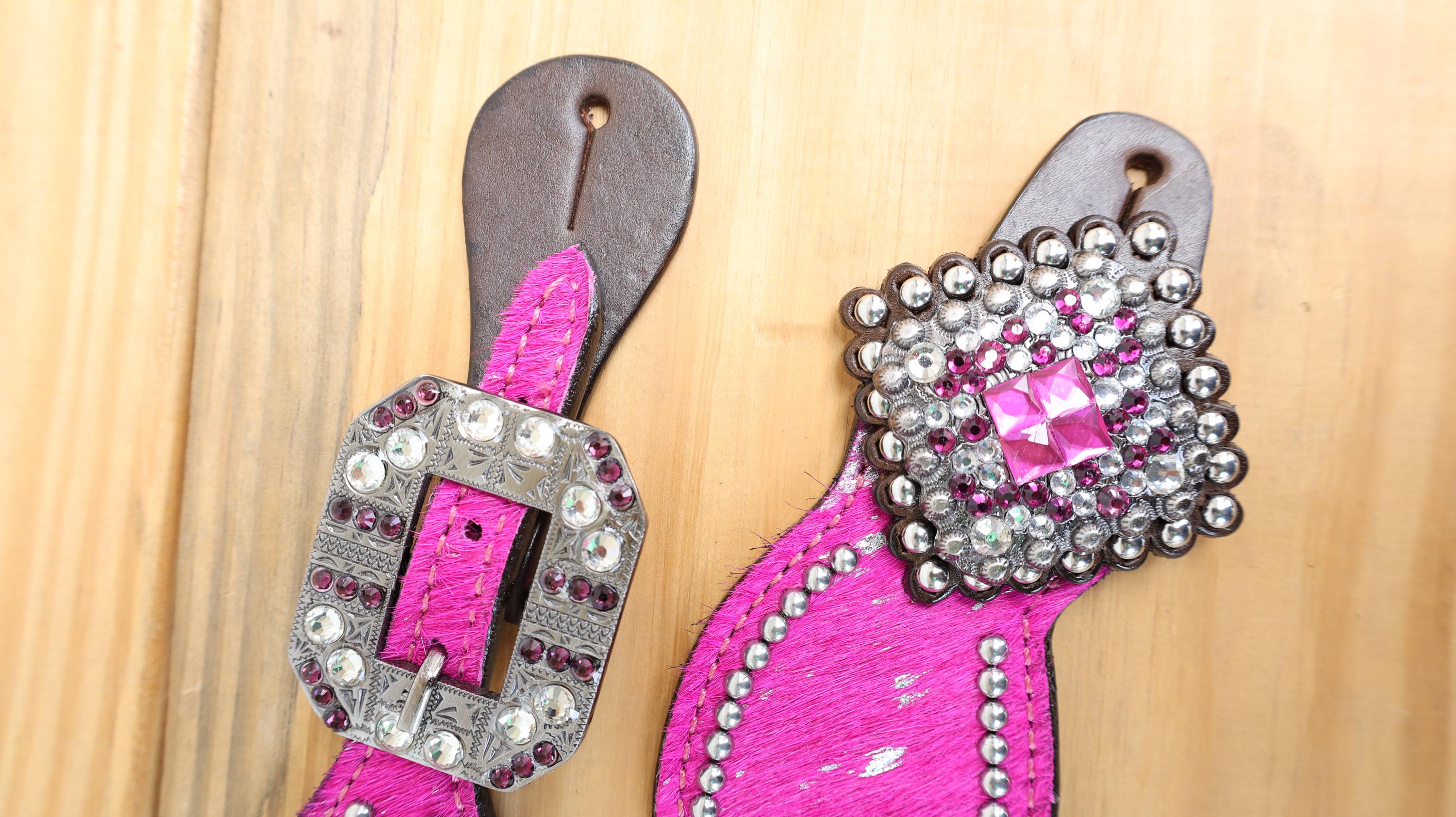 MOUSM Western Spur Straps – Argentina Cow Leather Ladies Spur Straps Decorated with Pink Metallic Acid Wash Cowhide, Rhinestone Conchos & Antique Nickel Hardware