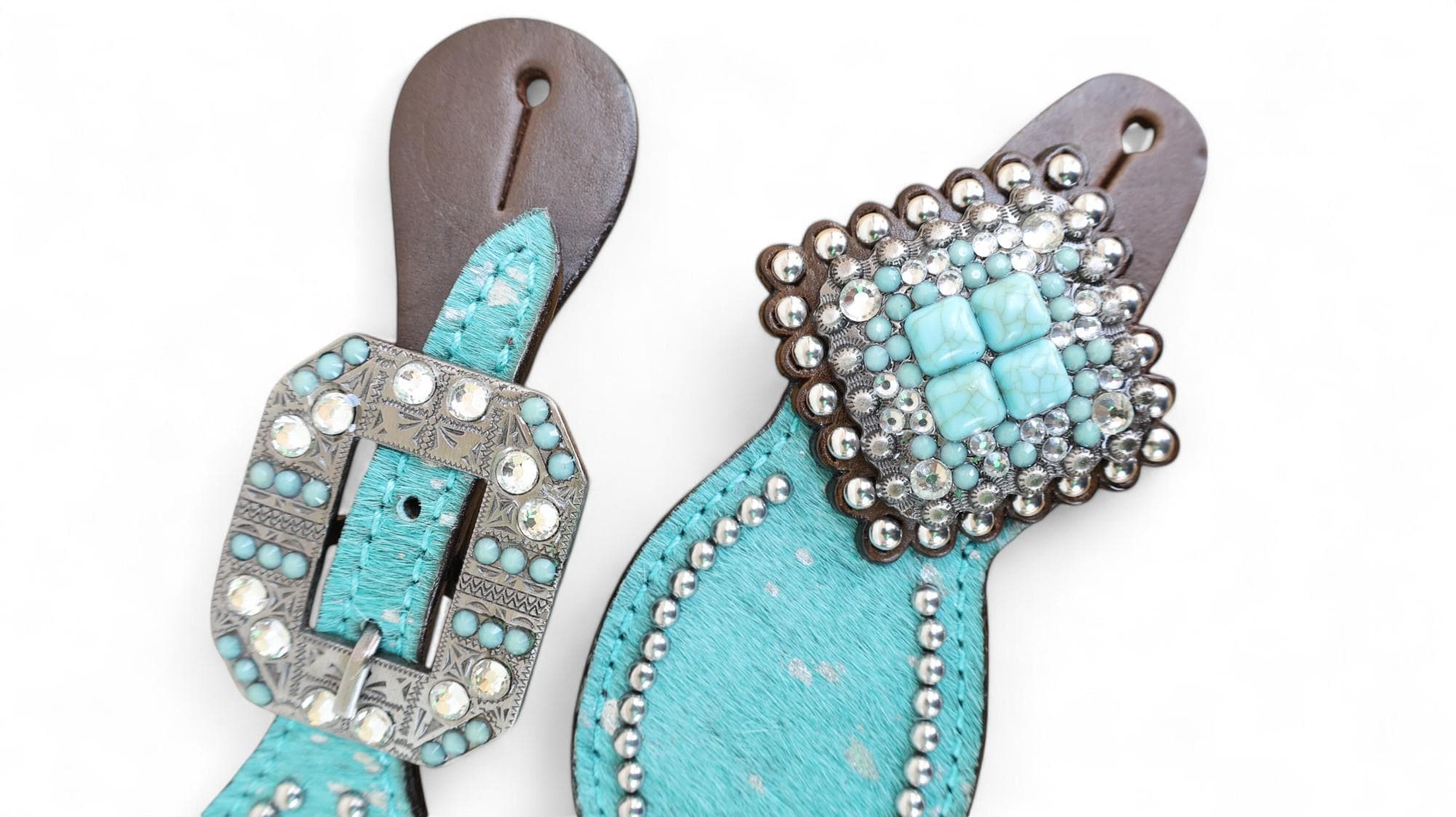 MOUSM Western Spur Straps – Argentina Cow Leather Ladies Spur Straps Decorated with Turquoise Teal Metallic Acid Wash Cowhide & Antique Nickel Hardware
