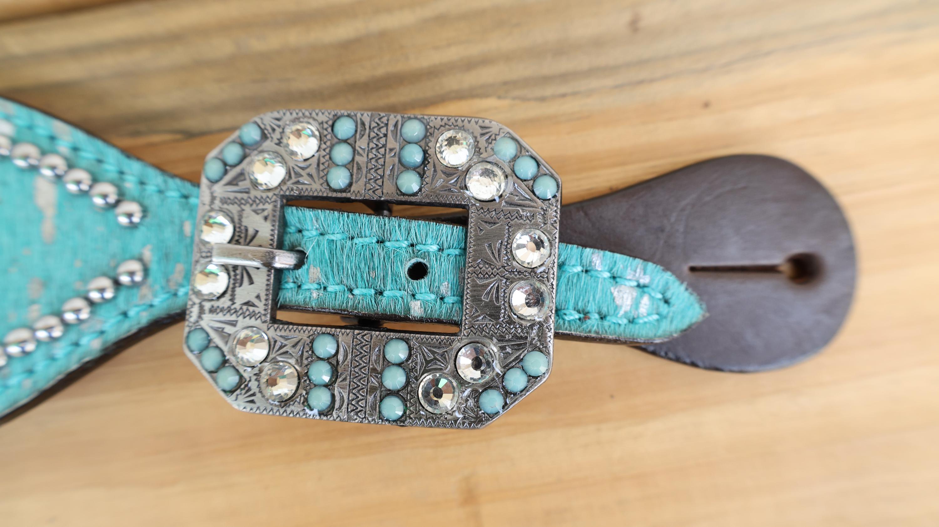 MOUSM Western Spur Straps – Argentina Cow Leather Ladies Spur Straps Decorated with Turquoise Teal Metallic Acid Wash Cowhide & Antique Nickel Hardware