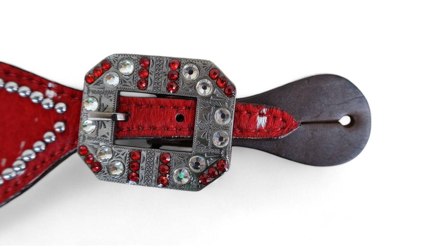 MOUSM Western Spur Straps – Argentina Cow Leather Ladies Spur Straps Decorated with Red Metallic Acid Wash Cowhide, Rhinestone Conchos & Antique Nickel Hardware