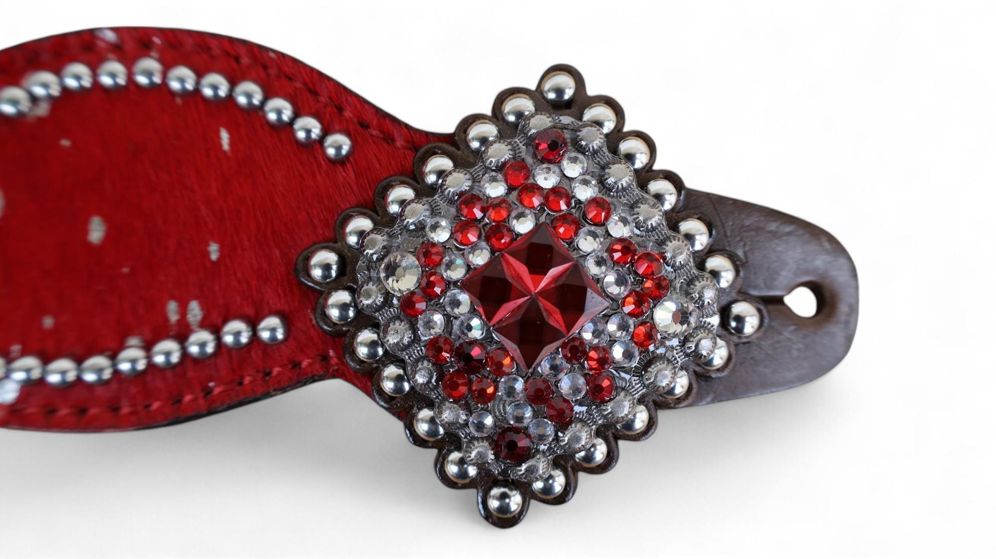 MOUSM Western Spur Straps – Argentina Cow Leather Ladies Spur Straps Decorated with Red Metallic Acid Wash Cowhide, Rhinestone Conchos & Antique Nickel Hardware