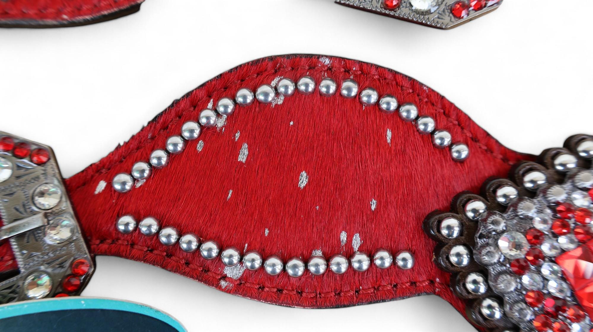 MOUSM Western Spur Straps – Argentina Cow Leather Ladies Spur Straps Decorated with Red Metallic Acid Wash Cowhide, Rhinestone Conchos & Antique Nickel Hardware