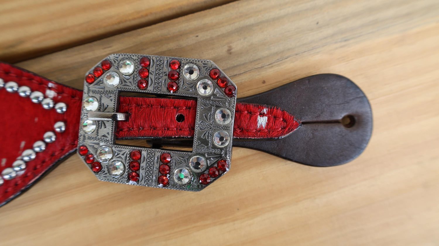 MOUSM Western Spur Straps – Argentina Cow Leather Ladies Spur Straps Decorated with Red Metallic Acid Wash Cowhide, Rhinestone Conchos & Antique Nickel Hardware