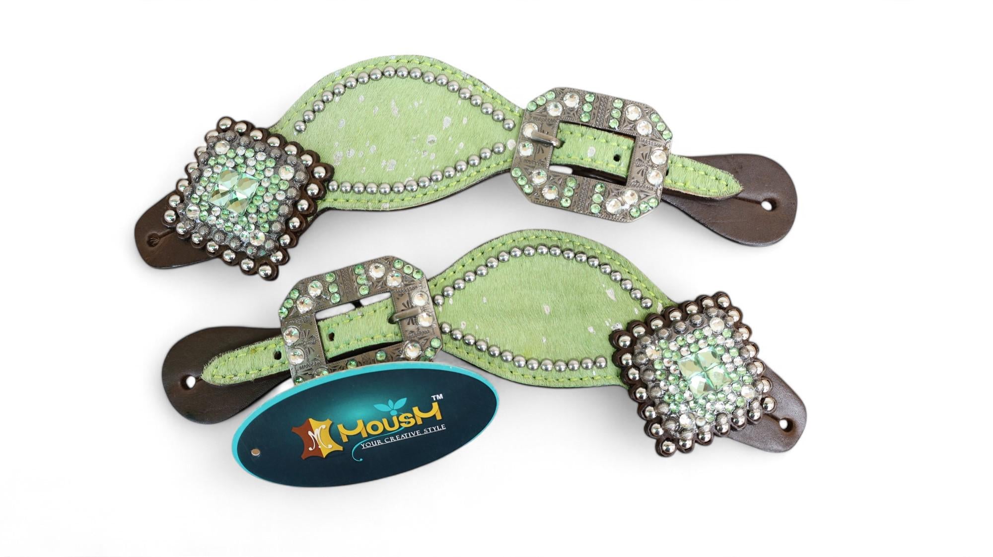 MOUSM Western Spur Straps – Argentina Cow Leather Ladies Spur Straps Decorated with Lime Green Metallic Acid Wash Cowhide, Rhinestone Conchos & Antique Nickel Hardware
