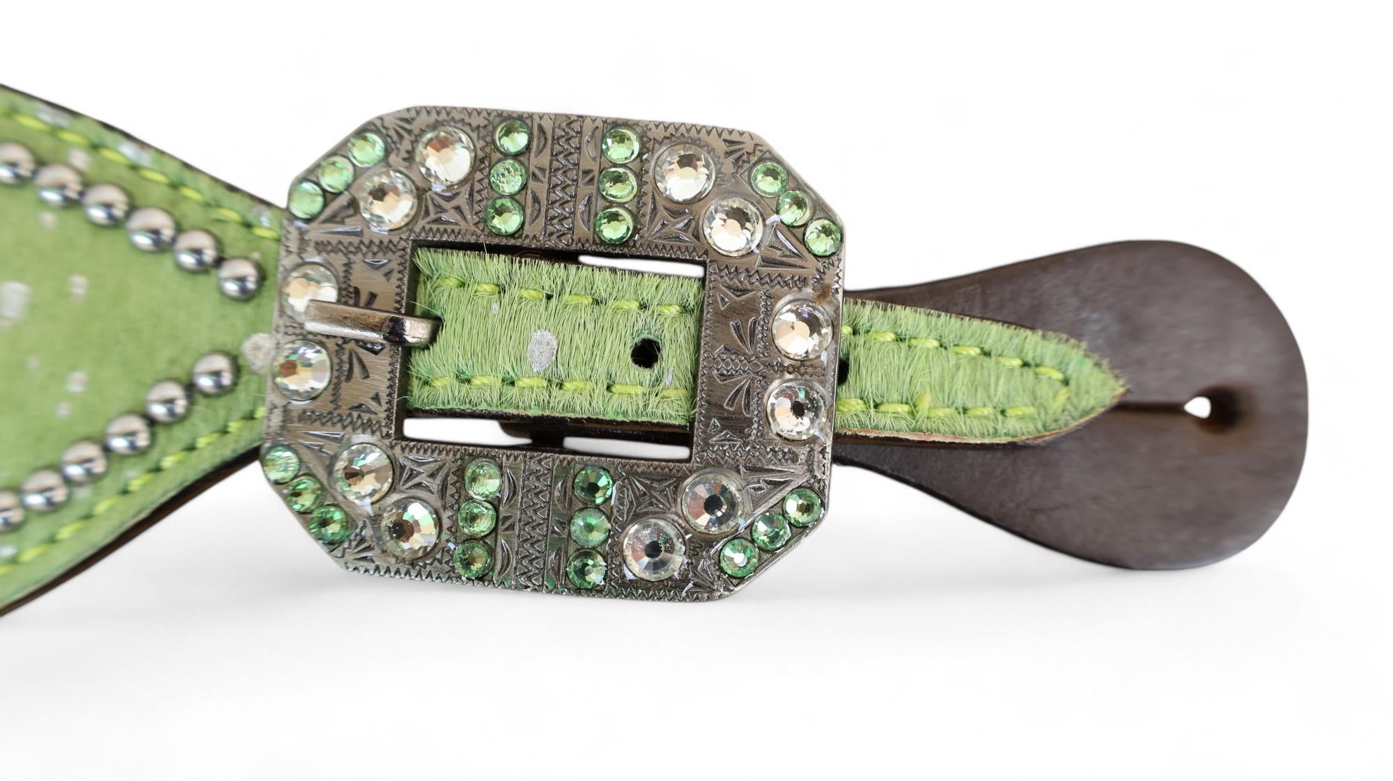 MOUSM Western Spur Straps – Argentina Cow Leather Ladies Spur Straps Decorated with Lime Green Metallic Acid Wash Cowhide, Rhinestone Conchos & Antique Nickel Hardware