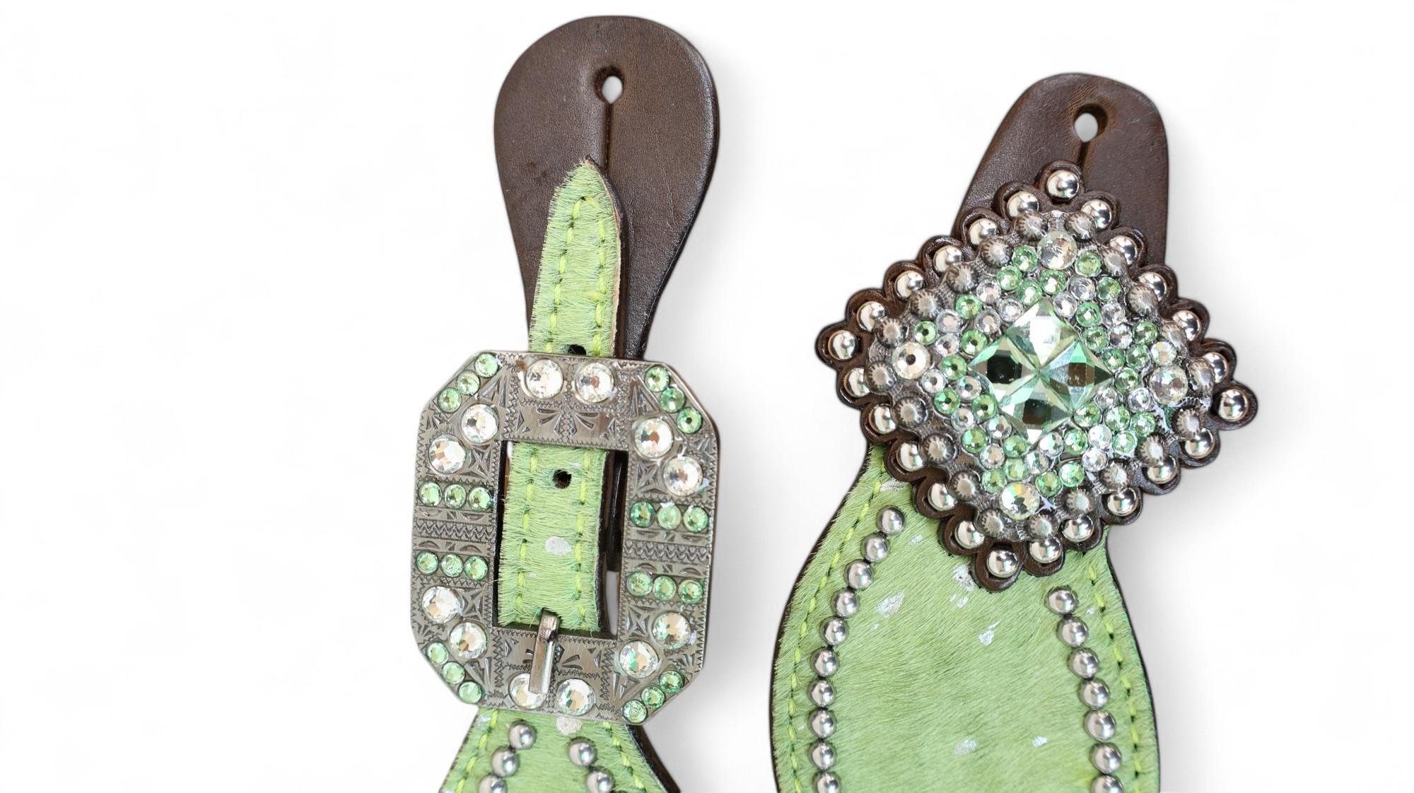 MOUSM Western Spur Straps – Argentina Cow Leather Ladies Spur Straps Decorated with Lime Green Metallic Acid Wash Cowhide, Rhinestone Conchos & Antique Nickel Hardware