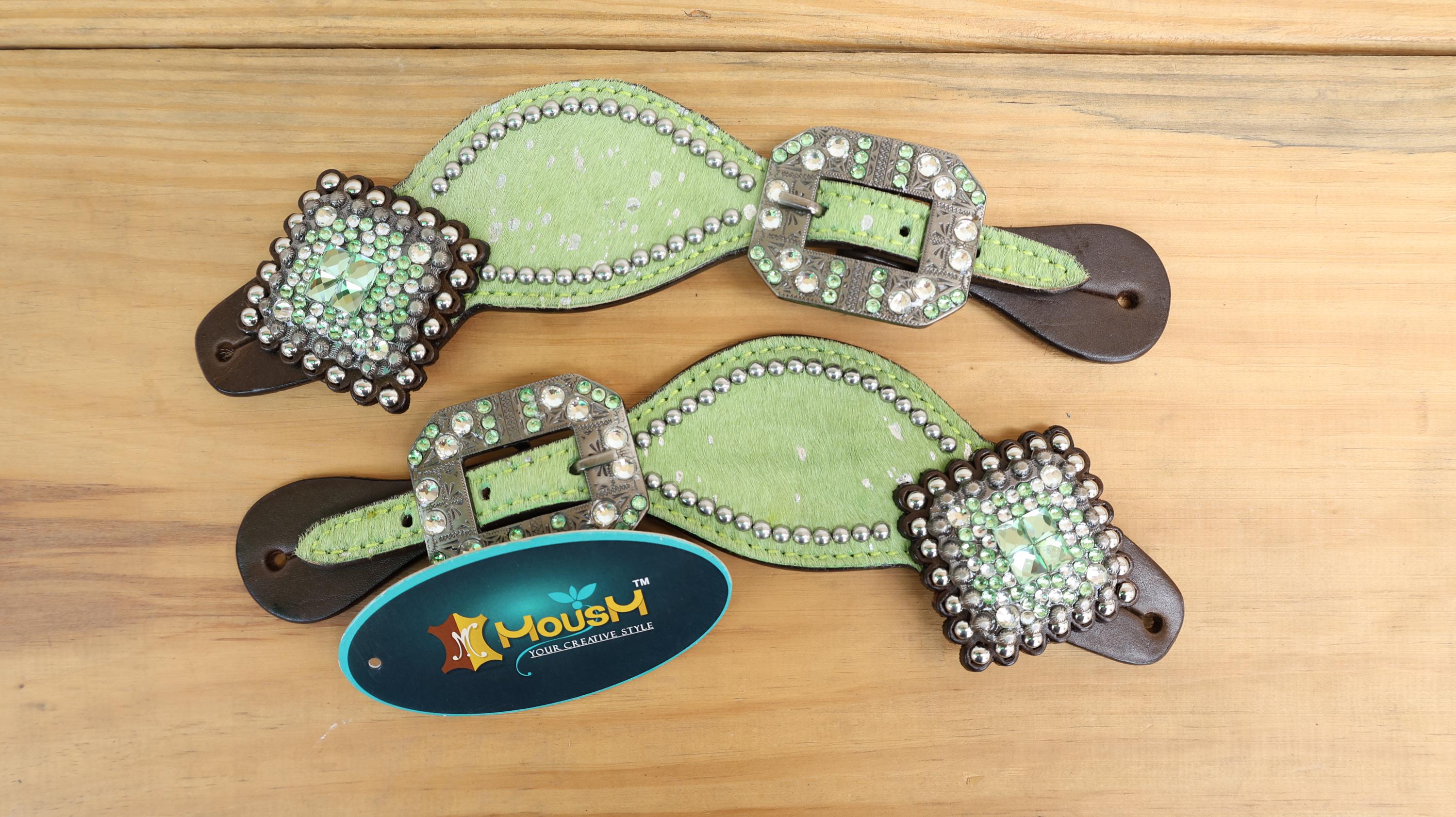 MOUSM Western Spur Straps – Argentina Cow Leather Ladies Spur Straps Decorated with Lime Green Metallic Acid Wash Cowhide, Rhinestone Conchos & Antique Nickel Hardware