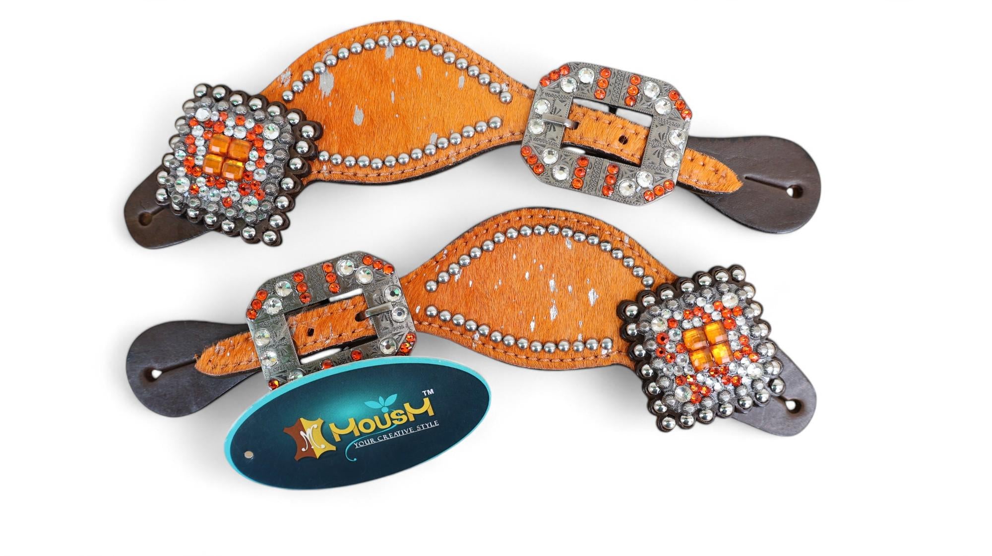 MOUSM Western Spur Straps – Argentina Cow Leather Ladies Spur Straps Decorated with Orange Metallic Acid Wash Cowhide, Rhinestone Conchos & Antique Nickel Hardware