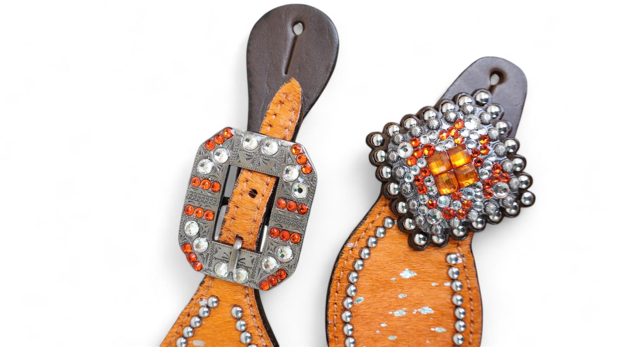 MOUSM Western Spur Straps – Argentina Cow Leather Ladies Spur Straps Decorated with Orange Metallic Acid Wash Cowhide, Rhinestone Conchos & Antique Nickel Hardware