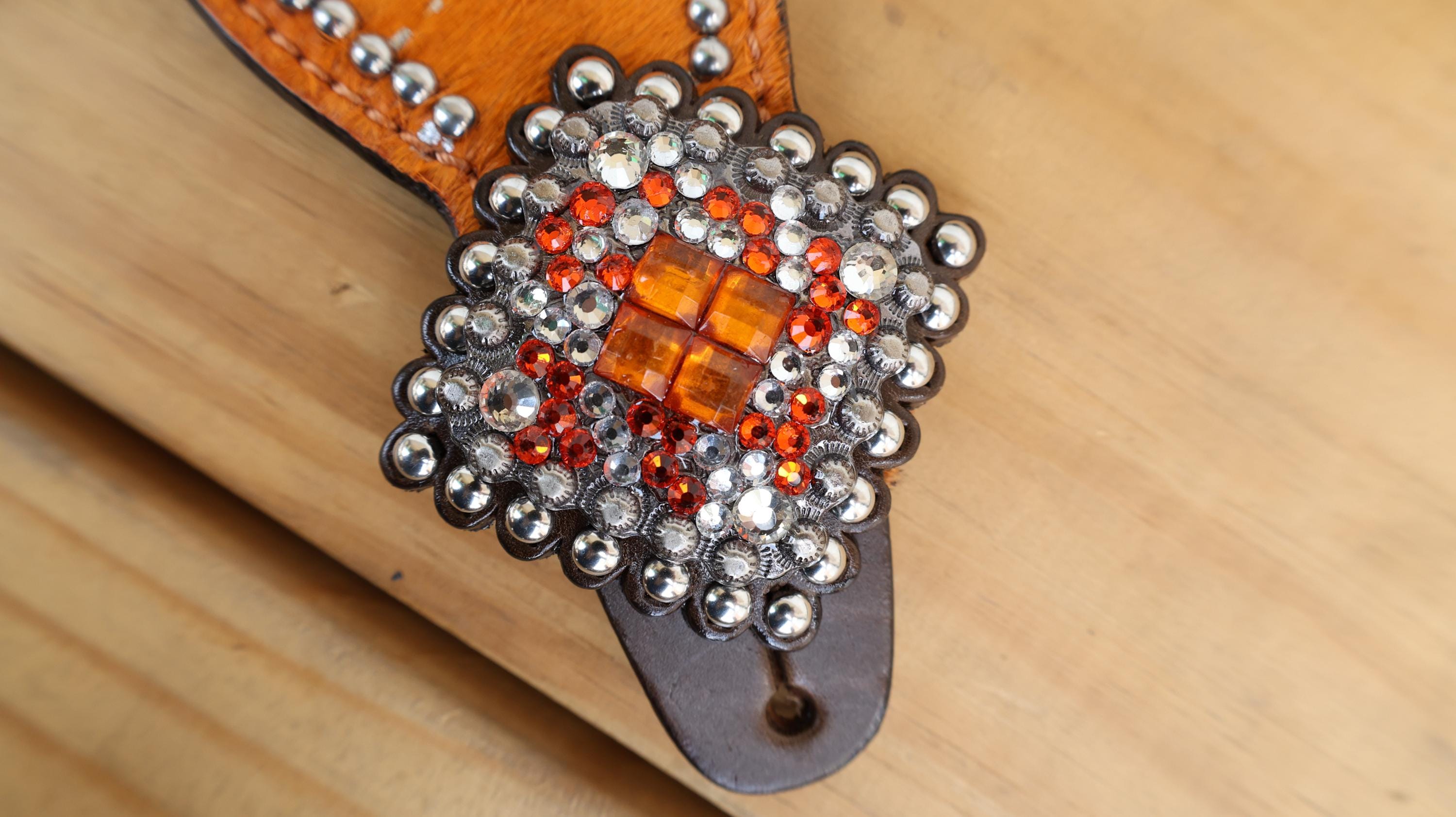 MOUSM Western Spur Straps – Argentina Cow Leather Ladies Spur Straps Decorated with Orange Metallic Acid Wash Cowhide, Rhinestone Conchos & Antique Nickel Hardware