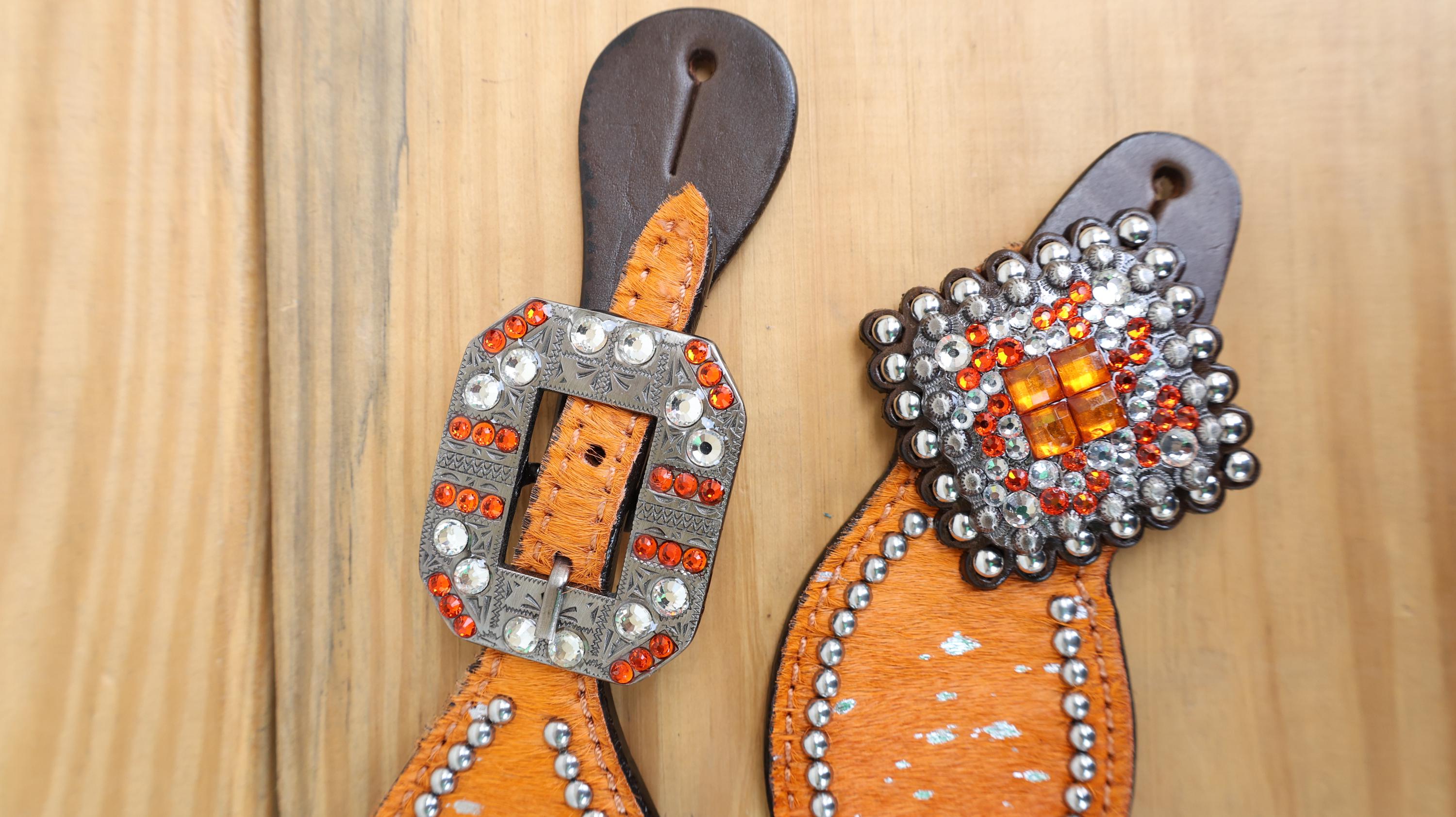 MOUSM Western Spur Straps – Argentina Cow Leather Ladies Spur Straps Decorated with Orange Metallic Acid Wash Cowhide, Rhinestone Conchos & Antique Nickel Hardware