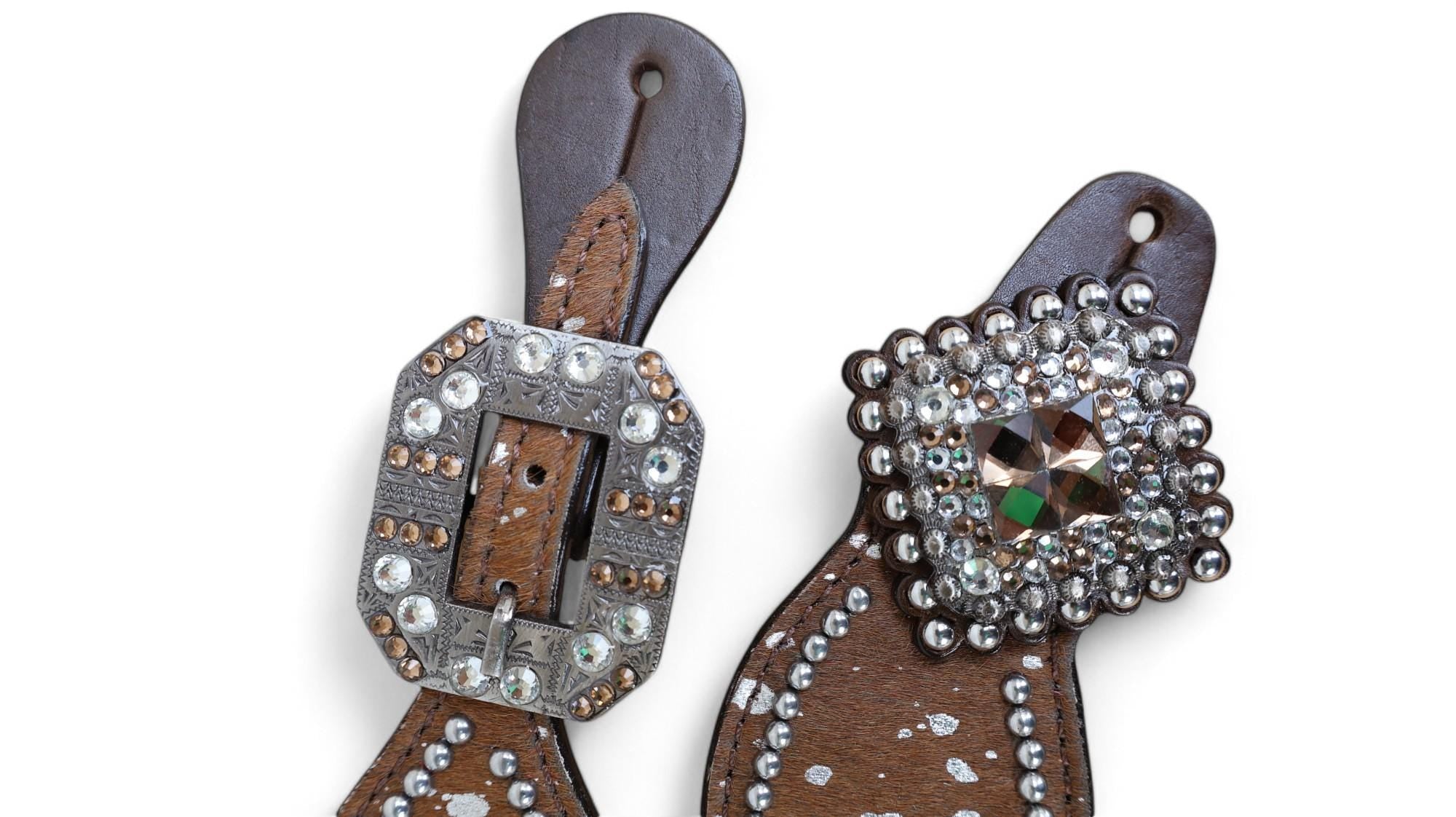 MOUSM Western Spur Straps – Argentina Cow Leather Ladies Spur Straps Decorated with Tan Brown Metallic Acid Wash Cowhide & Antique Nickel Hardware