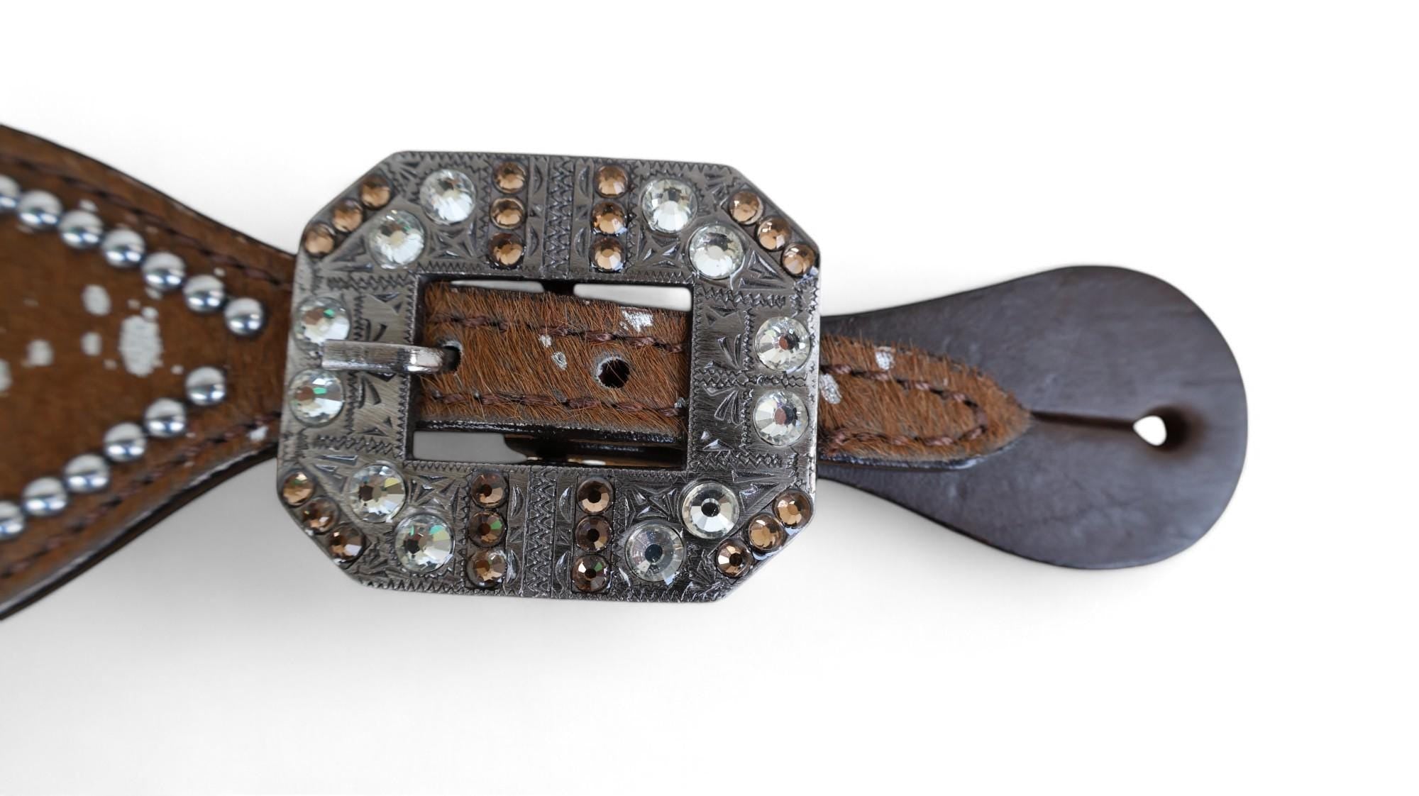 MOUSM Western Spur Straps – Argentina Cow Leather Ladies Spur Straps Decorated with Tan Brown Metallic Acid Wash Cowhide & Antique Nickel Hardware