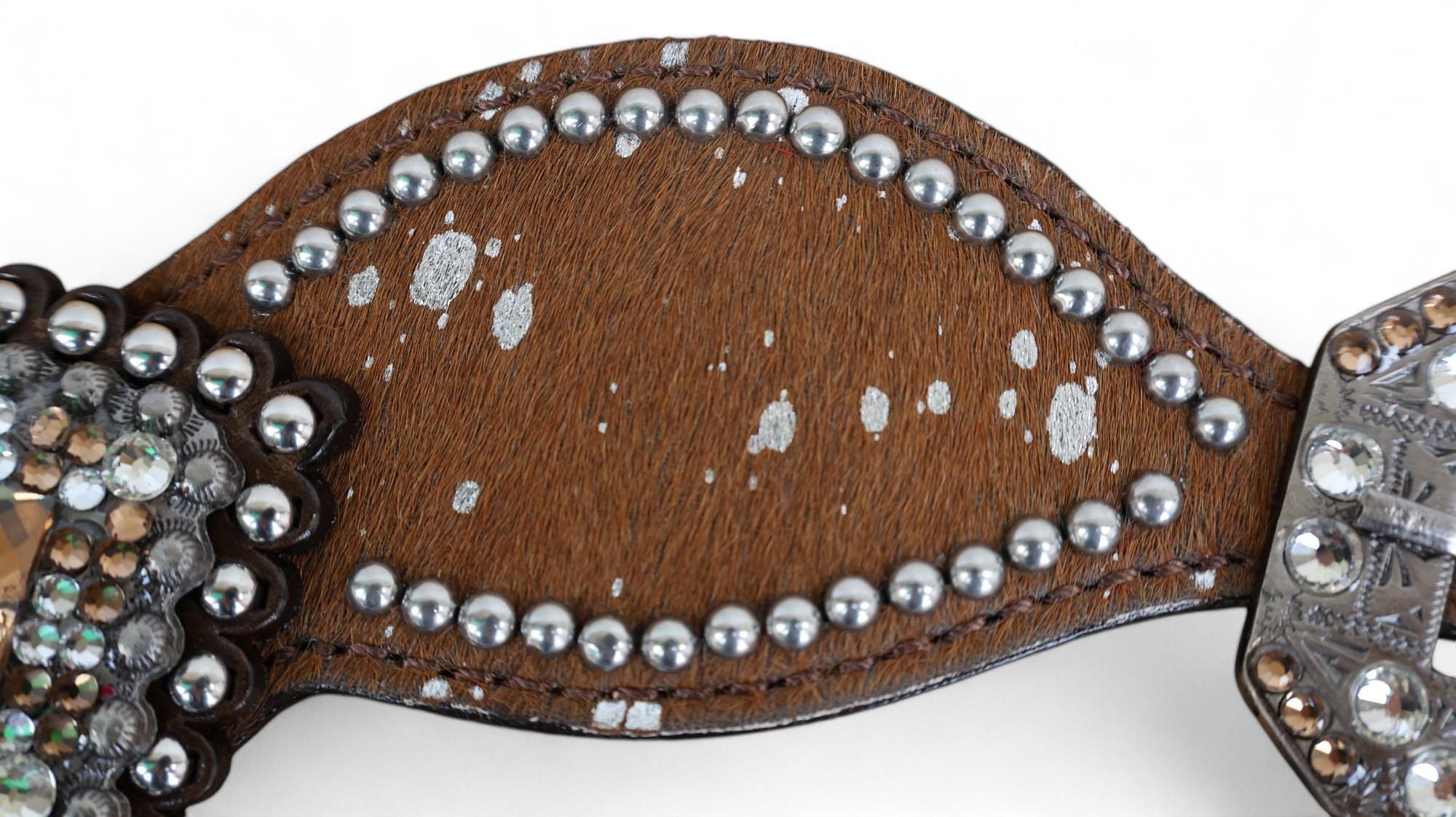 MOUSM Western Spur Straps – Argentina Cow Leather Ladies Spur Straps Decorated with Tan Brown Metallic Acid Wash Cowhide & Antique Nickel Hardware