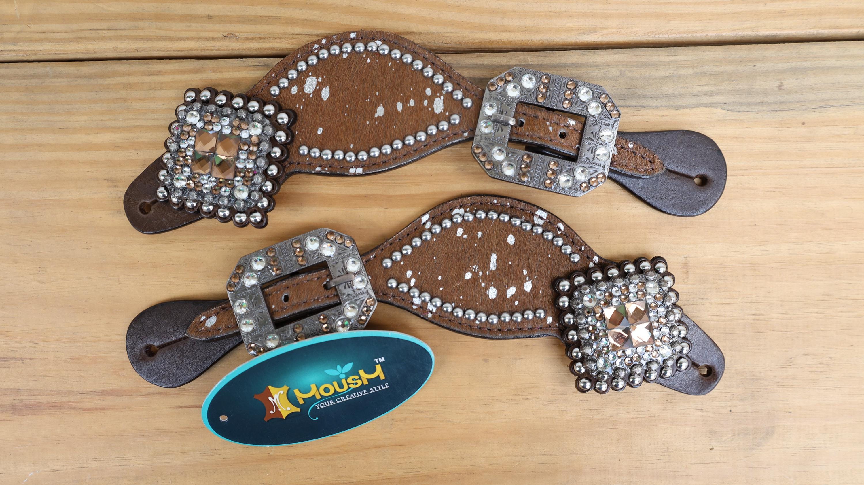 MOUSM Western Spur Straps – Argentina Cow Leather Ladies Spur Straps Decorated with Tan Brown Metallic Acid Wash Cowhide & Antique Nickel Hardware