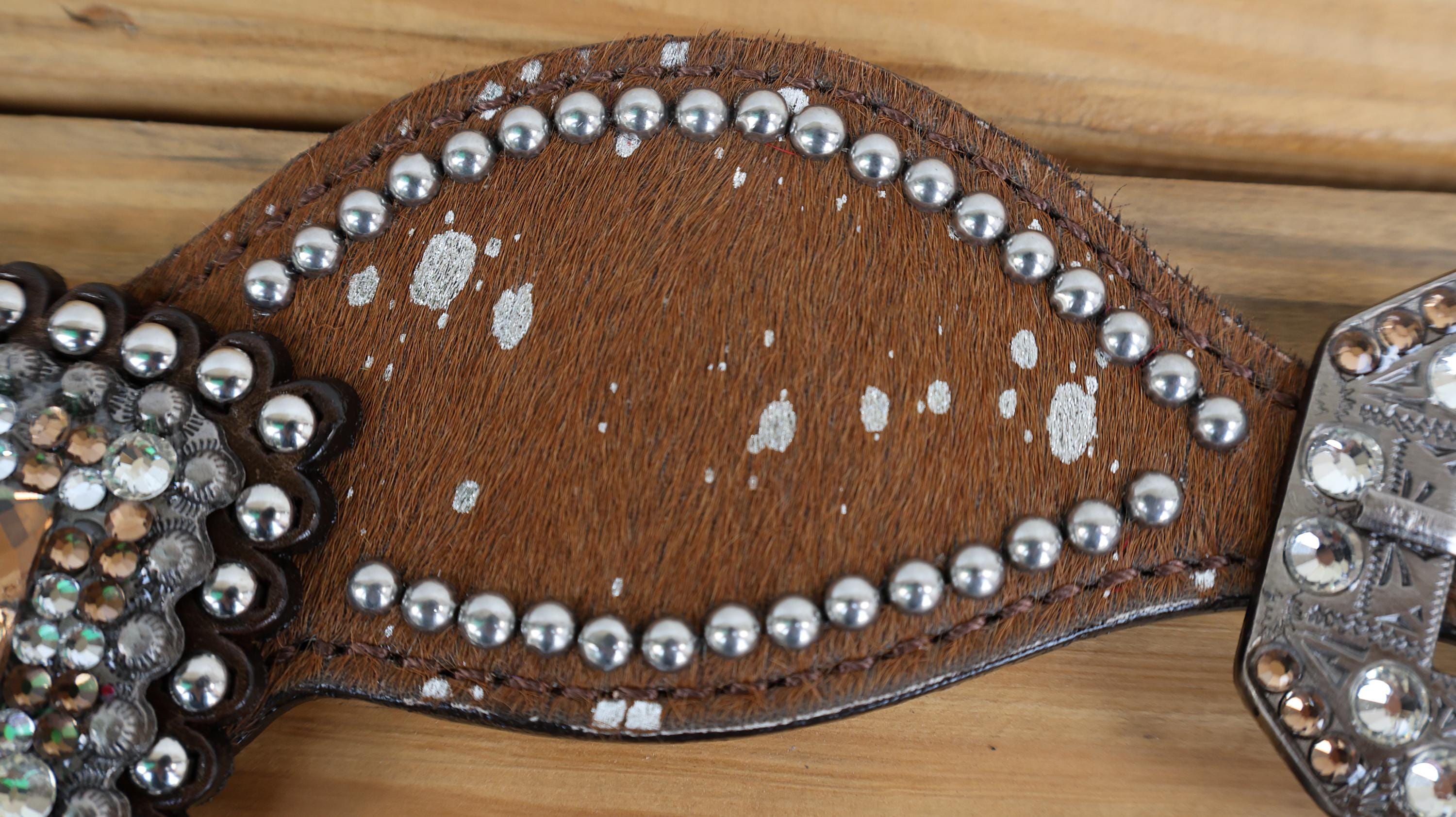 MOUSM Western Spur Straps – Argentina Cow Leather Ladies Spur Straps Decorated with Tan Brown Metallic Acid Wash Cowhide & Antique Nickel Hardware