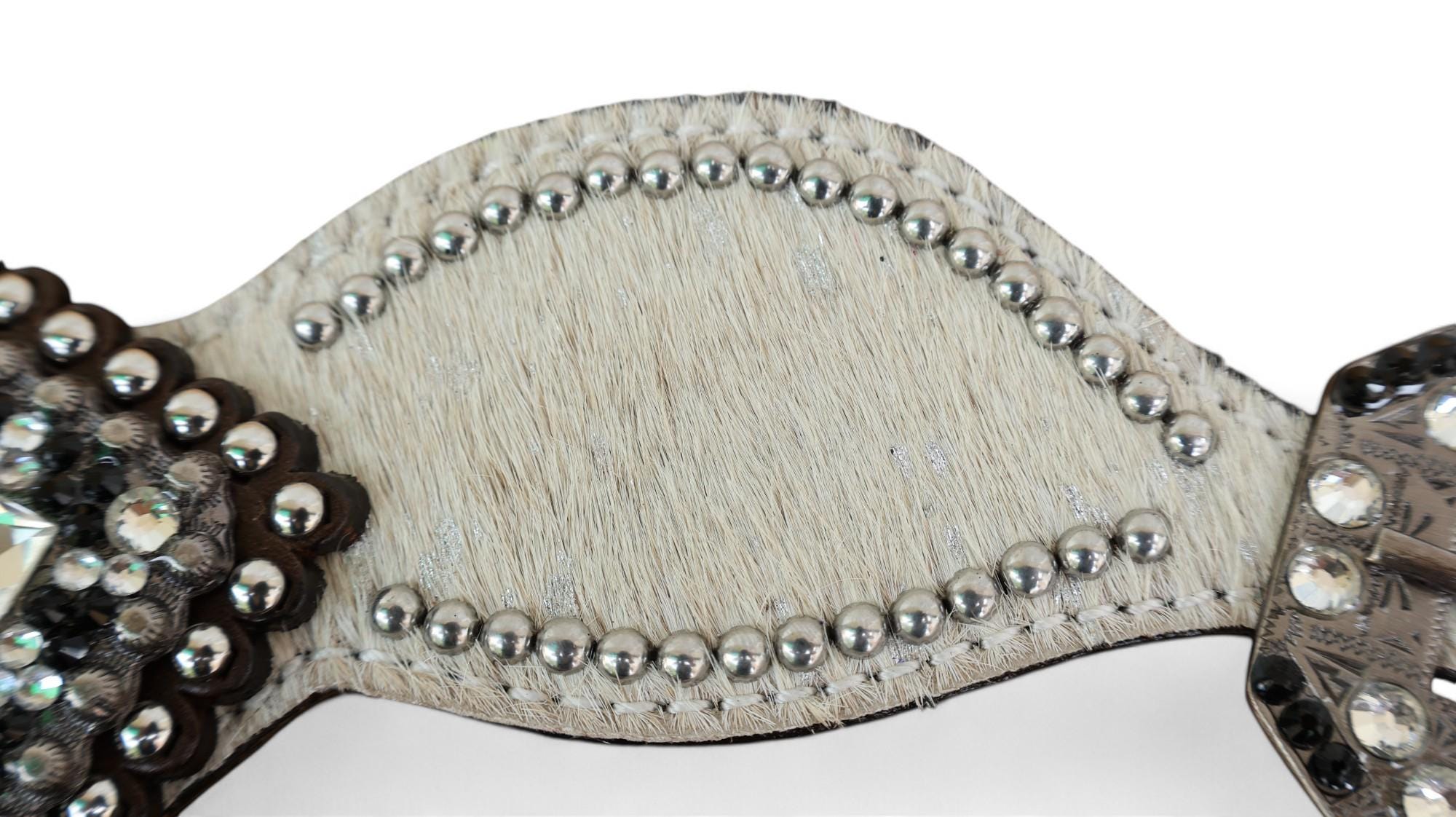 MOUSM Western Spur Straps – Argentina Cow Leather Ladies Spur Straps Decorated with Off-White Metallic Acid Wash Cowhide, Rhinestone Conchos & Antique Nickel Hardware