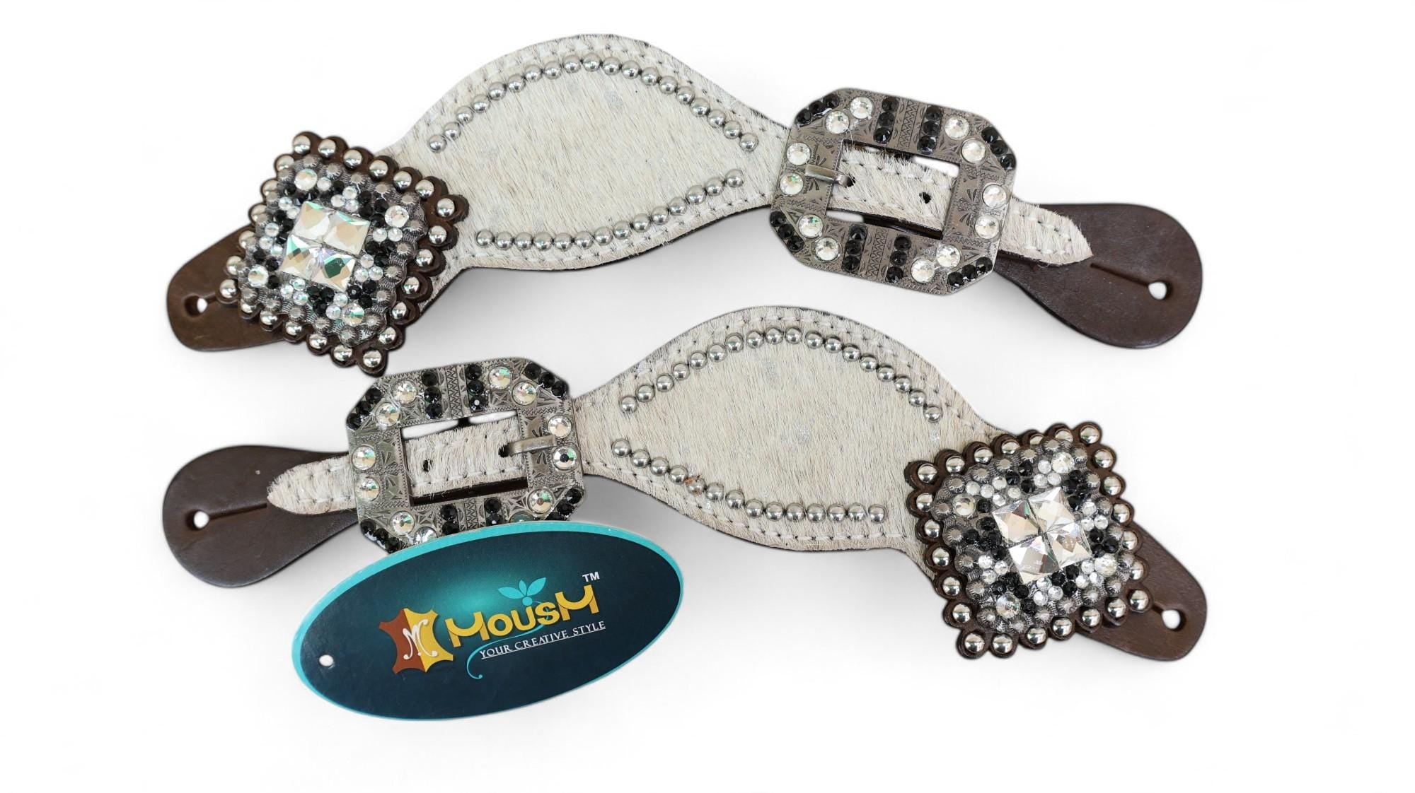 MOUSM Western Spur Straps – Argentina Cow Leather Ladies Spur Straps Decorated with Off-White Metallic Acid Wash Cowhide, Rhinestone Conchos & Antique Nickel Hardware