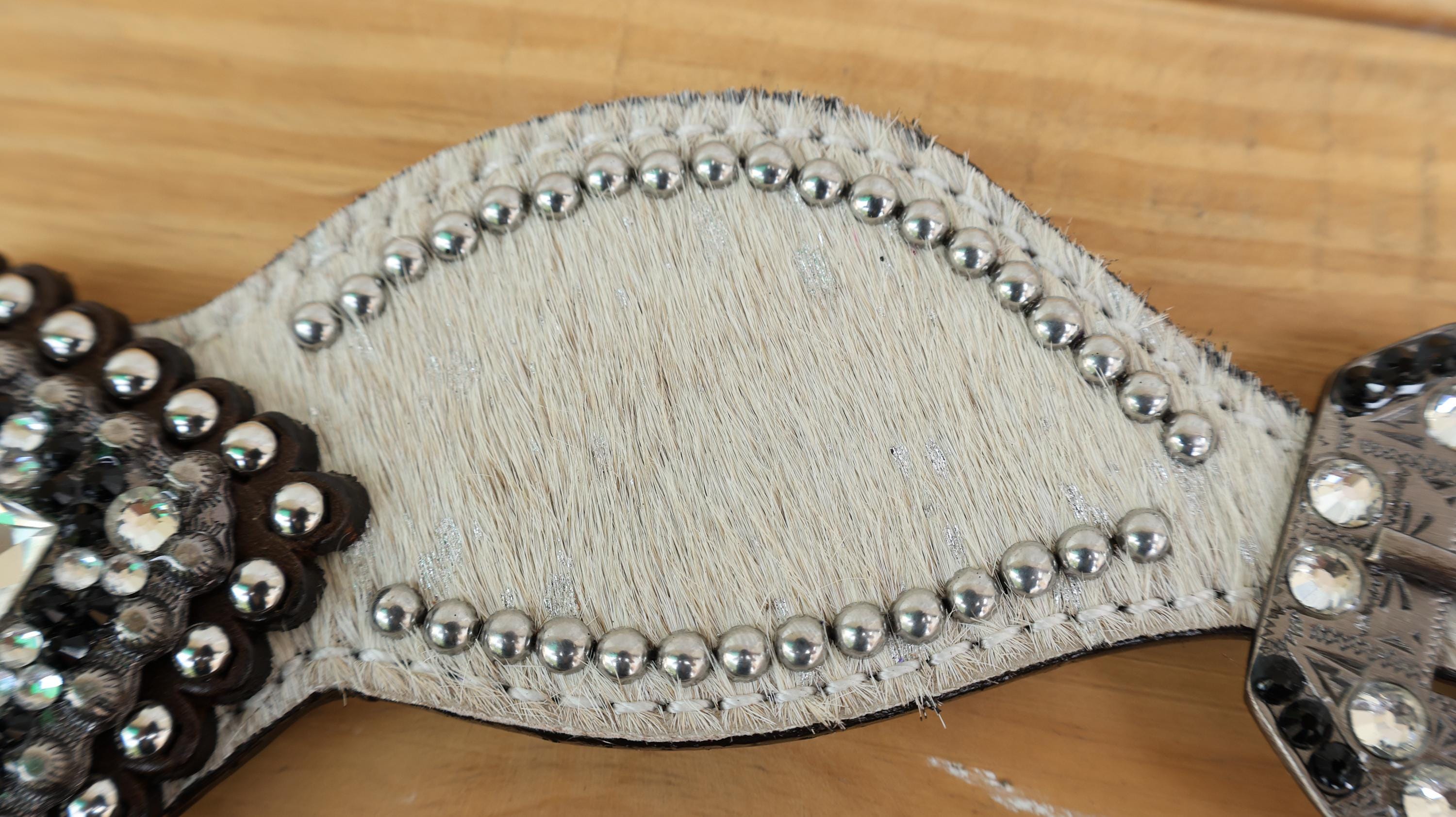 MOUSM Western Spur Straps – Argentina Cow Leather Ladies Spur Straps Decorated with Off-White Metallic Acid Wash Cowhide, Rhinestone Conchos & Antique Nickel Hardware