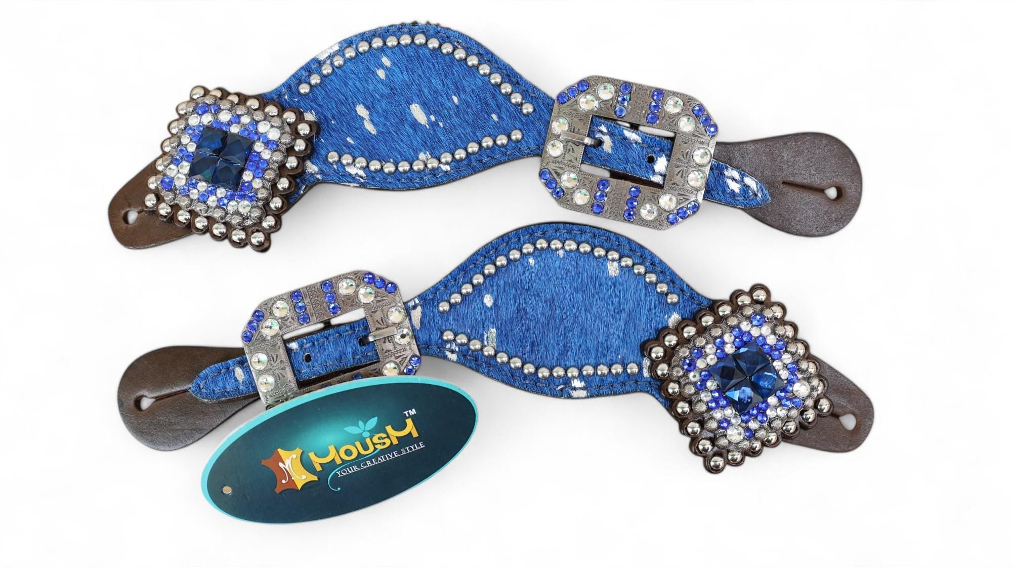 MOUSM Western Spur Straps – Argentina Cow Leather Ladies Spur Straps Decorated with Royal Blue Metallic Acid Wash Cowhide, Rhinestone Conchos & Antique Nickel Hardware