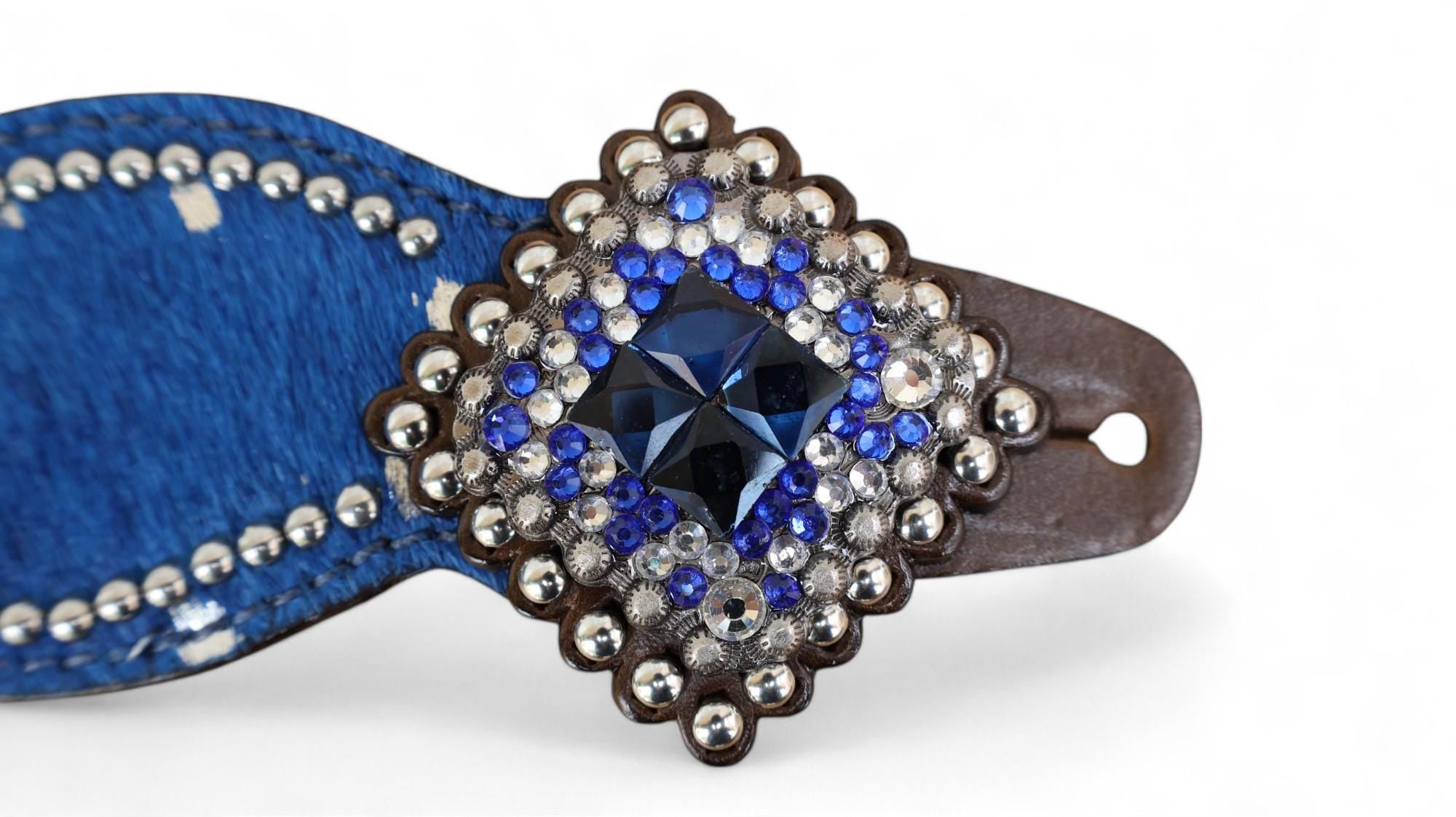 MOUSM Western Spur Straps – Argentina Cow Leather Ladies Spur Straps Decorated with Royal Blue Metallic Acid Wash Cowhide, Rhinestone Conchos & Antique Nickel Hardware