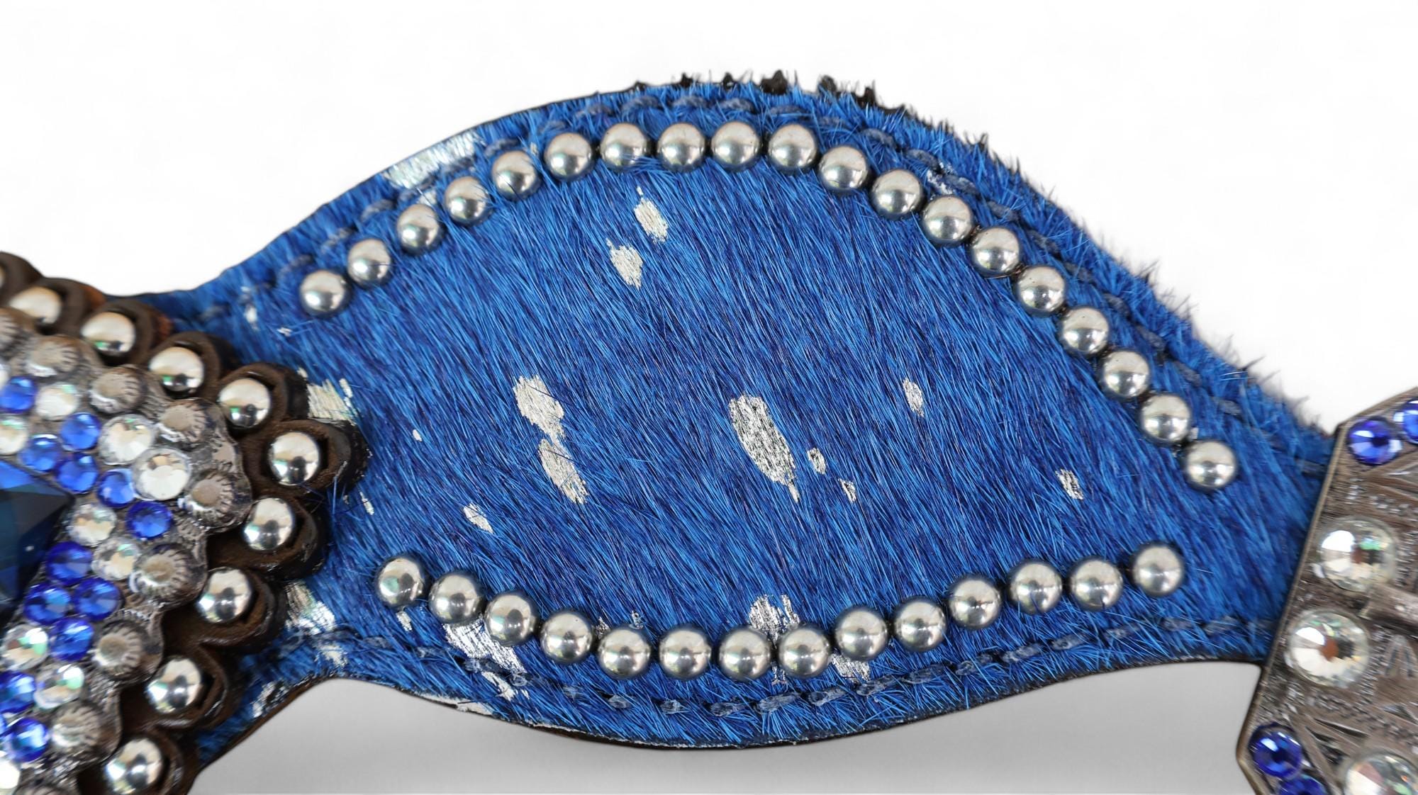 MOUSM Western Spur Straps – Argentina Cow Leather Ladies Spur Straps Decorated with Royal Blue Metallic Acid Wash Cowhide, Rhinestone Conchos & Antique Nickel Hardware