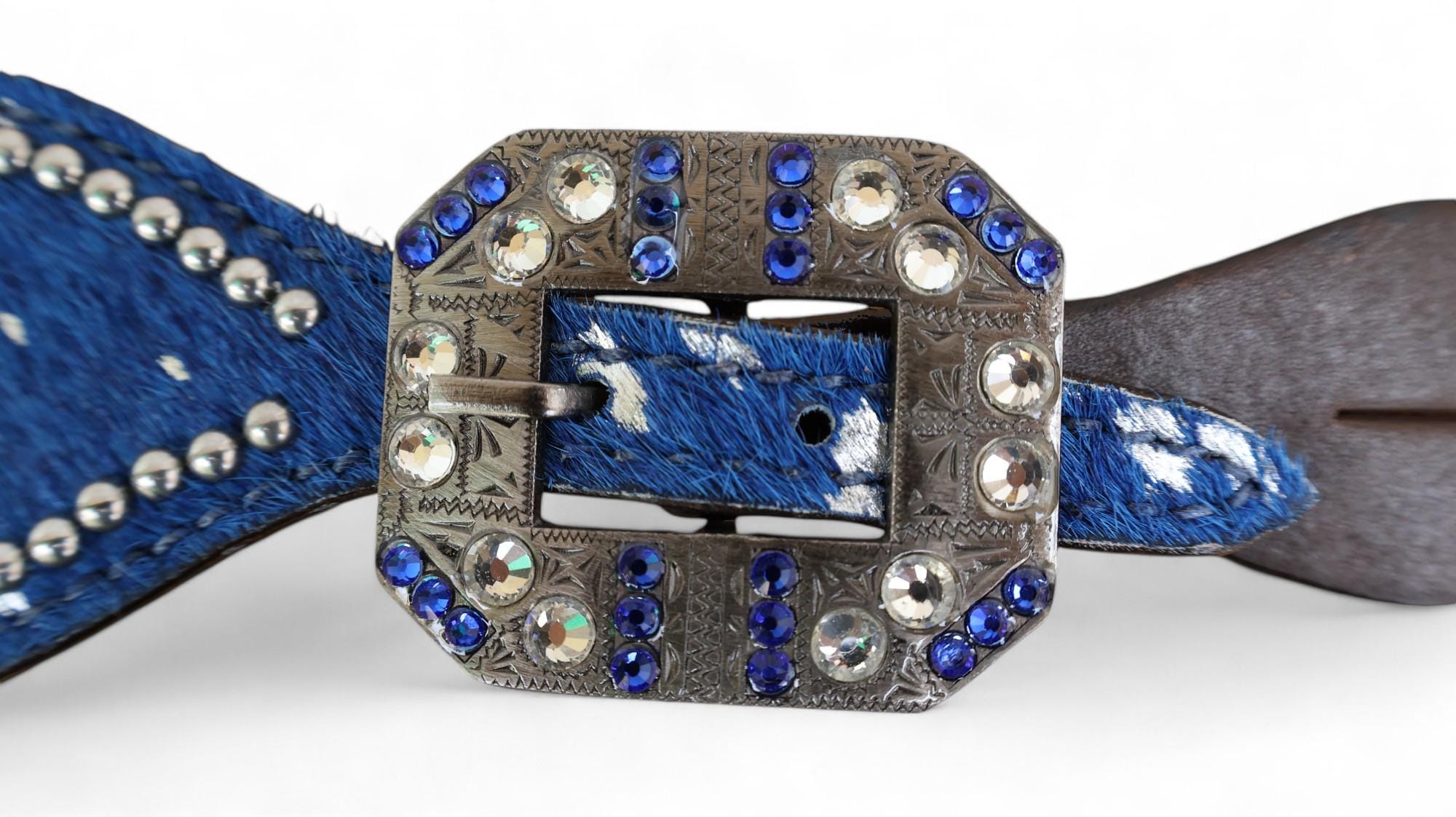 MOUSM Western Spur Straps – Argentina Cow Leather Ladies Spur Straps Decorated with Royal Blue Metallic Acid Wash Cowhide, Rhinestone Conchos & Antique Nickel Hardware