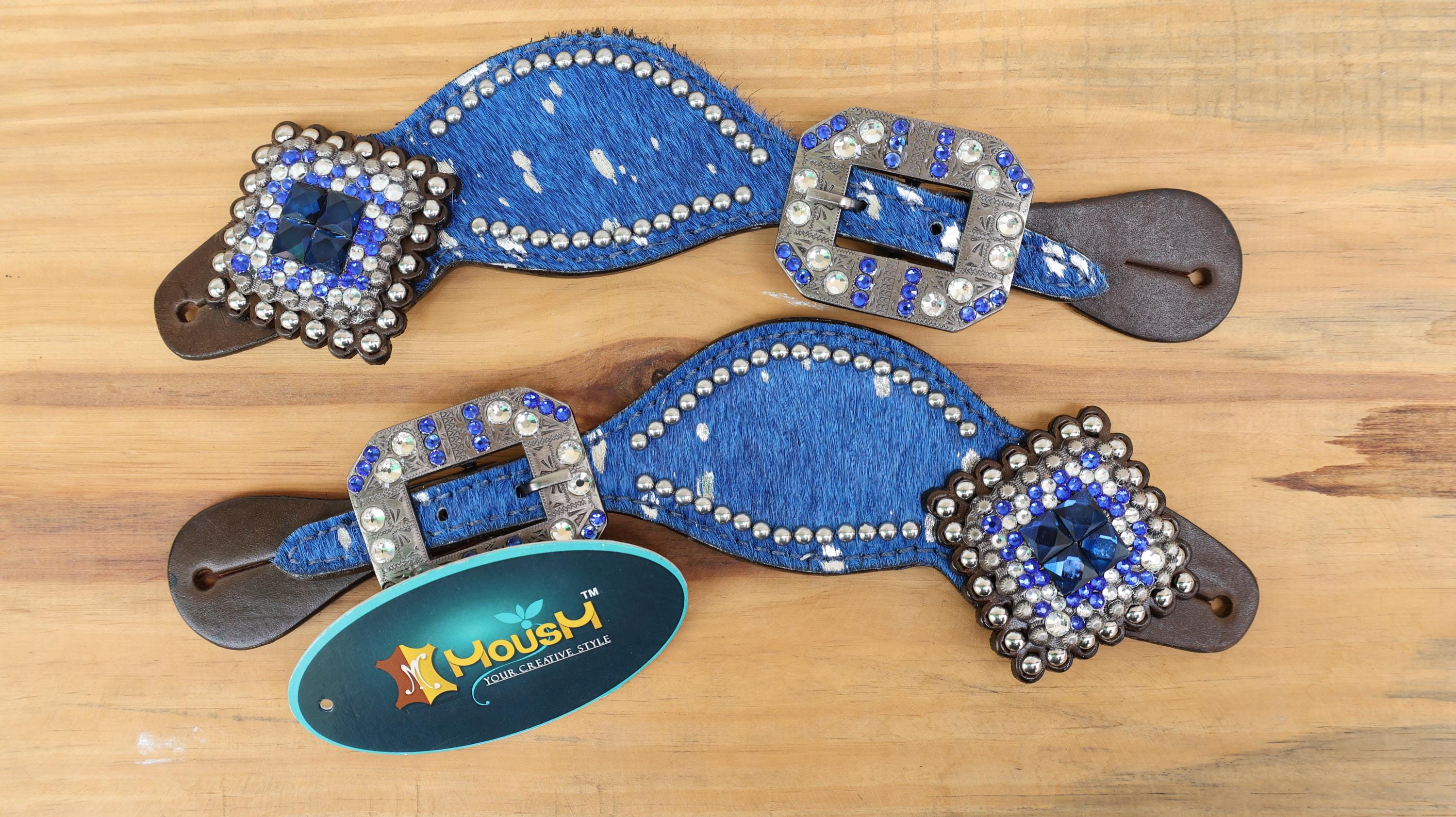 MOUSM Western Spur Straps – Argentina Cow Leather Ladies Spur Straps Decorated with Royal Blue Metallic Acid Wash Cowhide, Rhinestone Conchos & Antique Nickel Hardware
