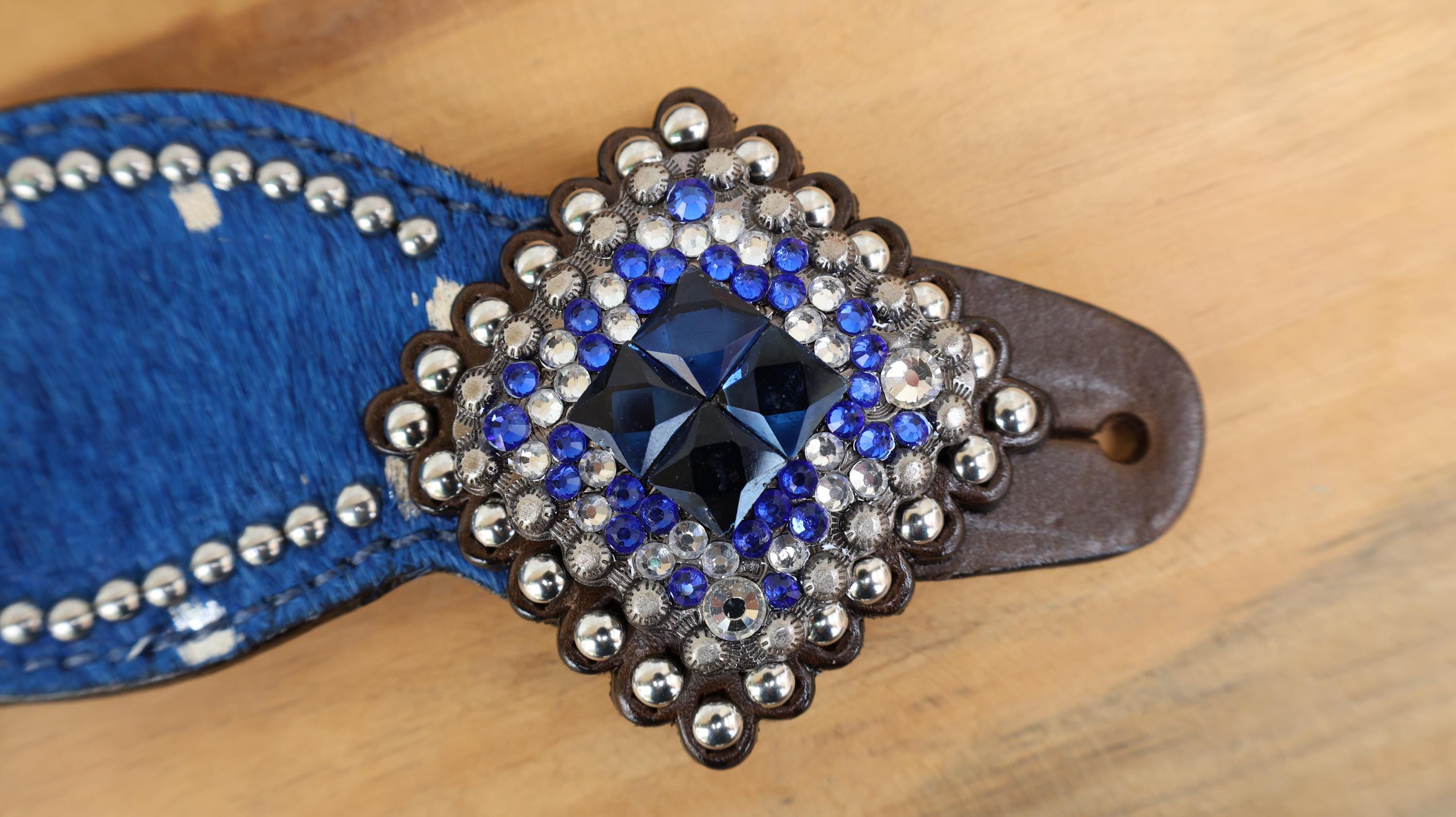 MOUSM Western Spur Straps – Argentina Cow Leather Ladies Spur Straps Decorated with Royal Blue Metallic Acid Wash Cowhide, Rhinestone Conchos & Antique Nickel Hardware