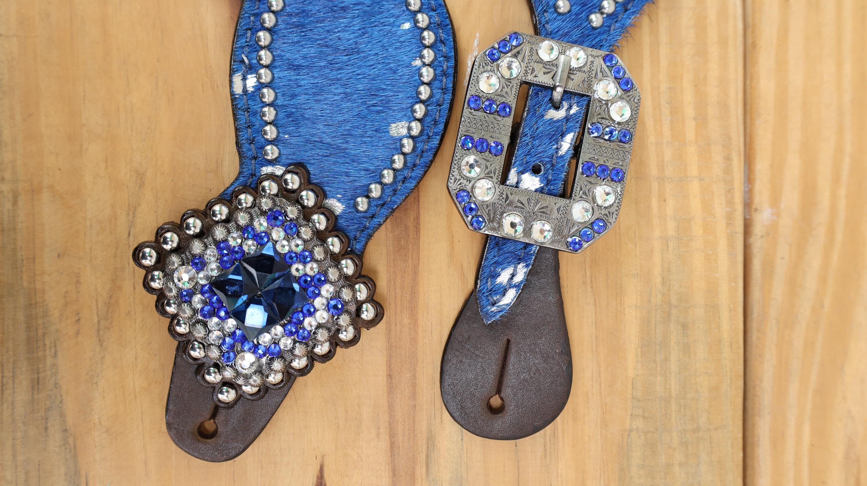 MOUSM Western Spur Straps – Argentina Cow Leather Ladies Spur Straps Decorated with Royal Blue Metallic Acid Wash Cowhide, Rhinestone Conchos & Antique Nickel Hardware