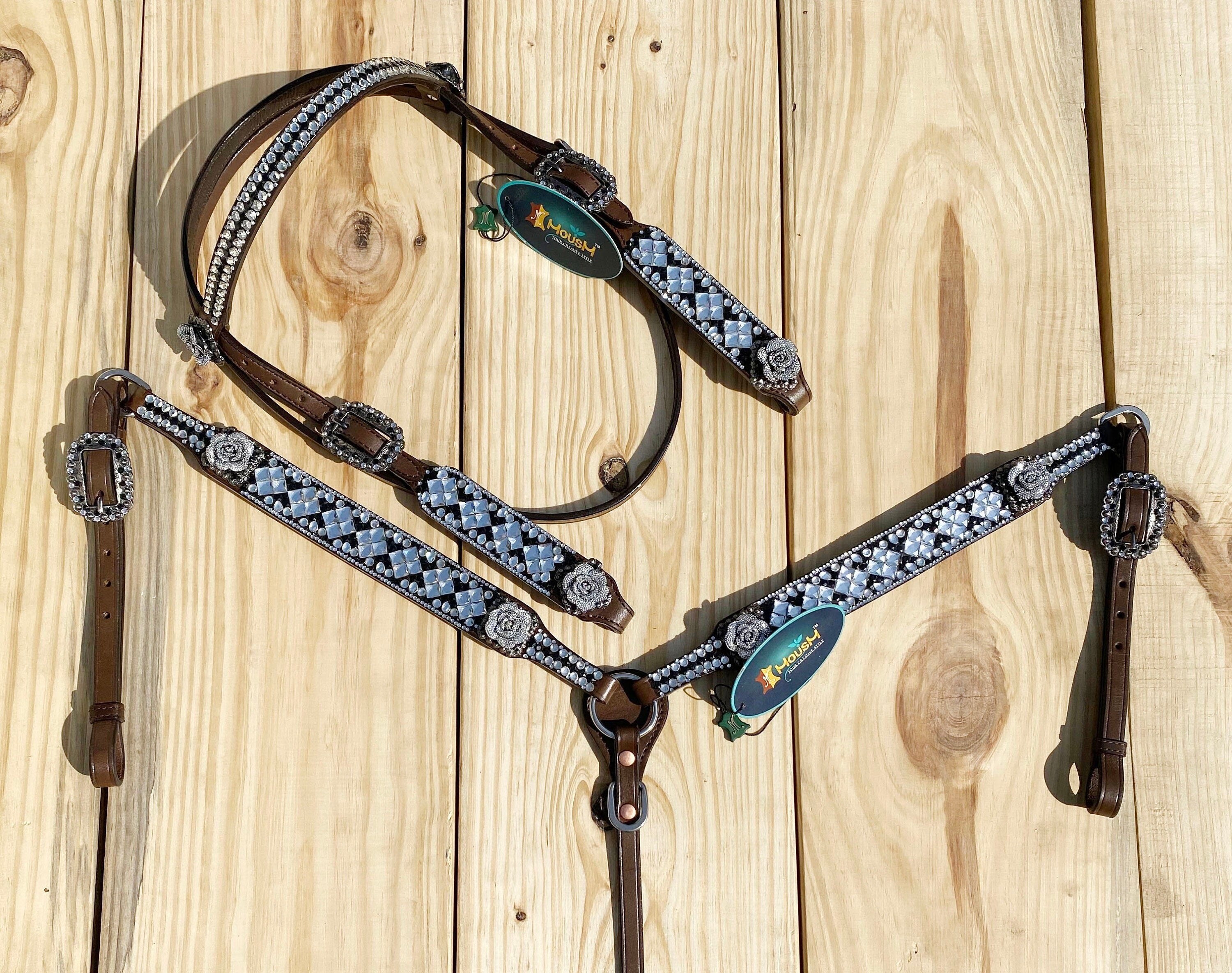 MOUSM Argentina Cow Leather Headstall and Breast Collar Tack Set for Horse - Decorated with Silver Stones & Beads, Glitter 3D Rose Conchos