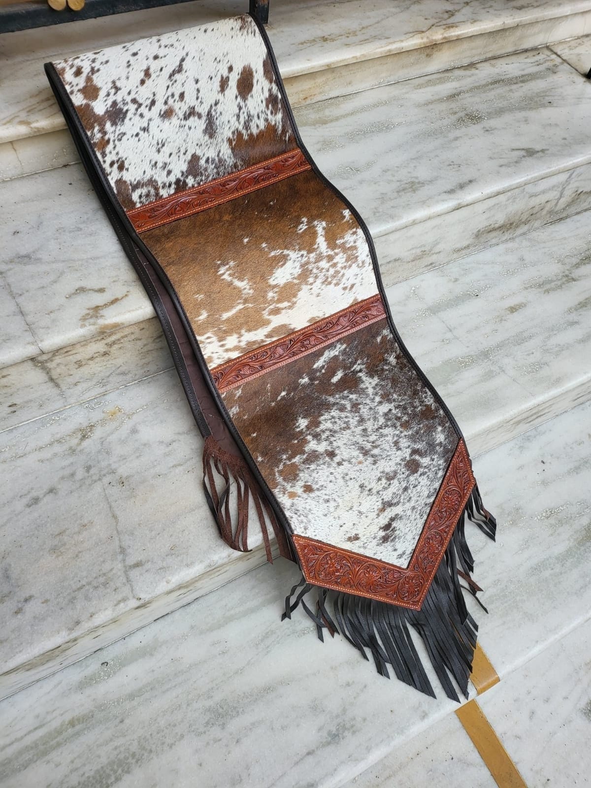 MOUSM Real Cow Hide Leather Table runner - 72x12 Inches, Acid Wash White & Brown Cowhide with Laser-Cut Engraved & Tooled Leather Patch and Black Leather Fringe
