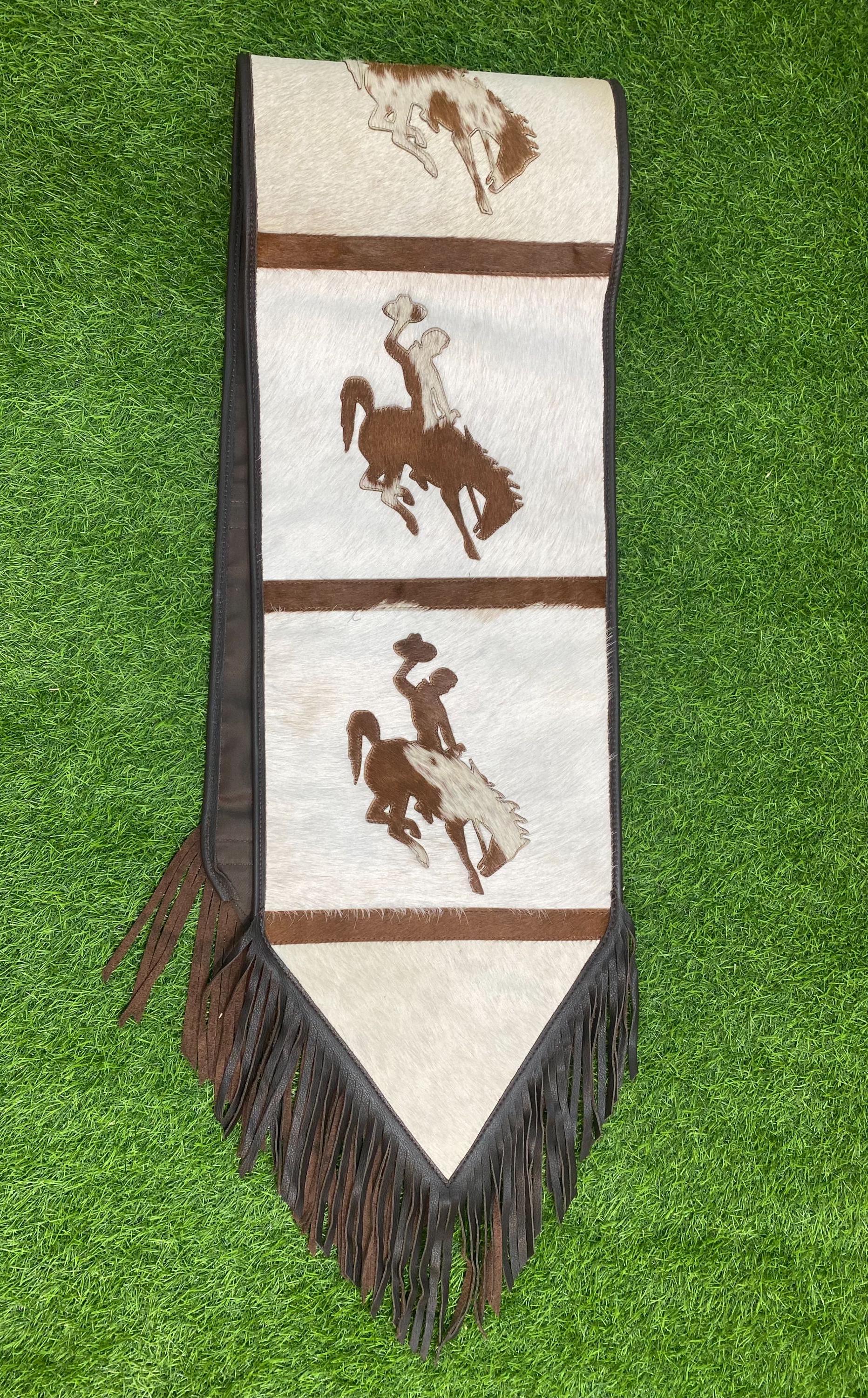 MOUSM Real Cowhide Leather Table Runner – 72x12 Inches, Decorated with Laser-Cut Riding Horse & Jockey Patch with Fringe at Corners, Perfect for Christmas Décor