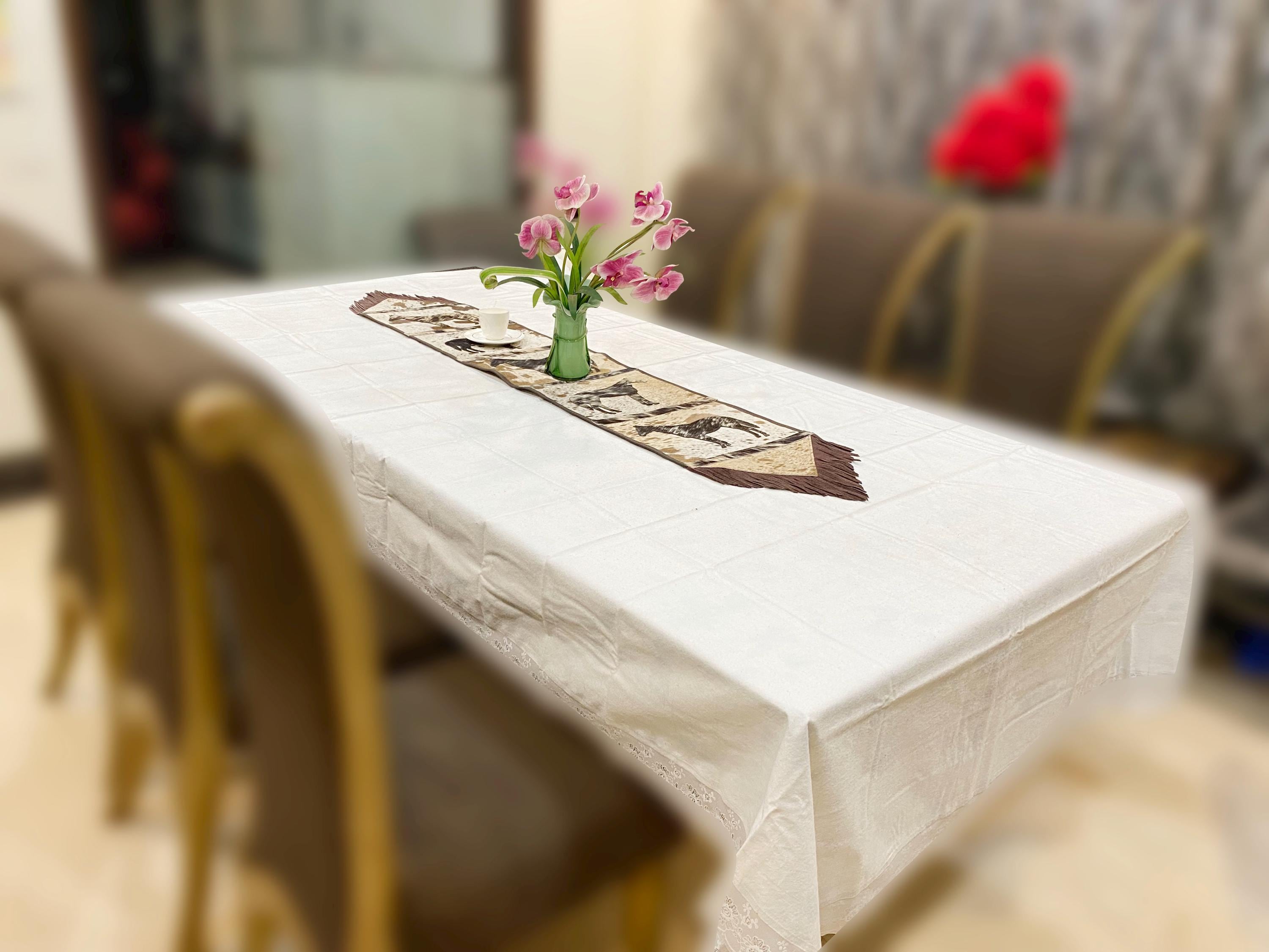 MOUSM Real Cow Hide Hair-On Leather Table Runner 72x12 Inches, Handcrafted with Embroidered Standing Horse Cutout Print and Leather Brown Fringe Both Side