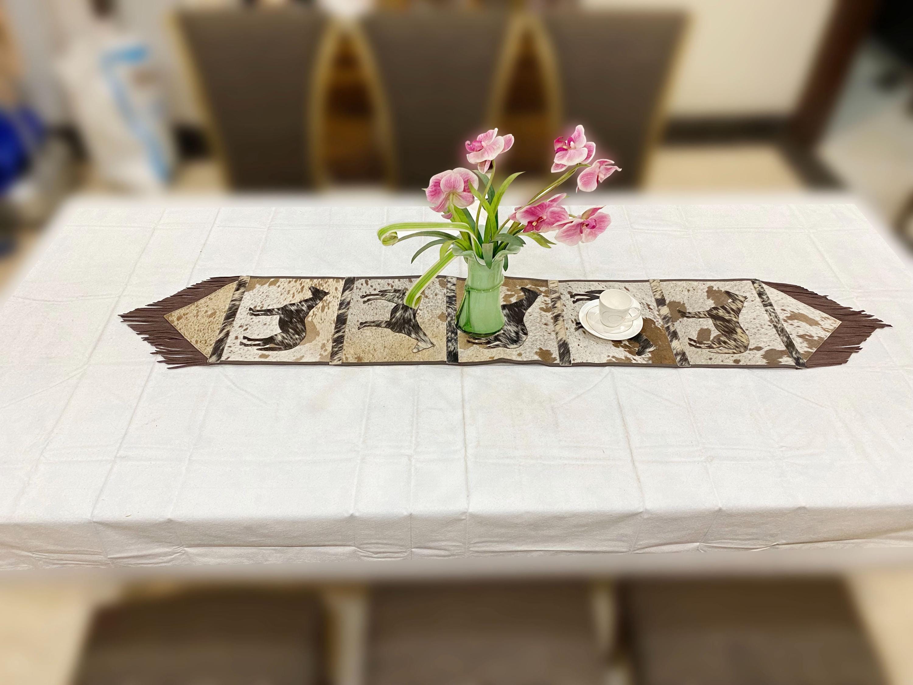 MOUSM Real Cow Hide Hair-On Leather Table Runner 72x12 Inches, Handcrafted with Embroidered Standing Horse Cutout Print and Leather Brown Fringe Both Side